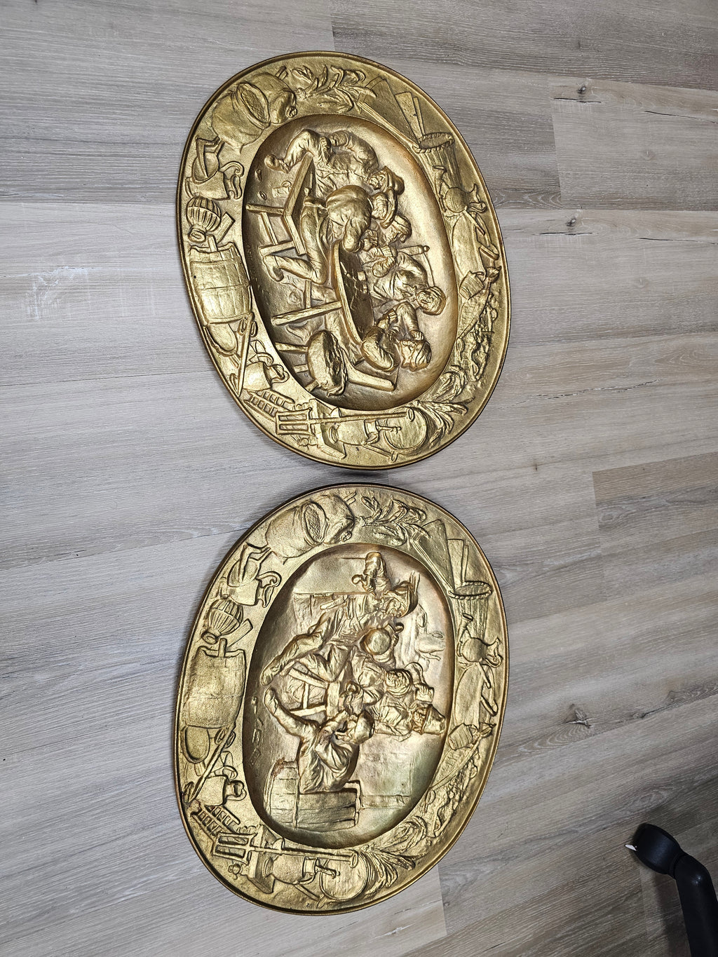 Vintage Large Heavy Metal Ostade Tavern Scene Wall Plaques 108-A & 108-B – Pair