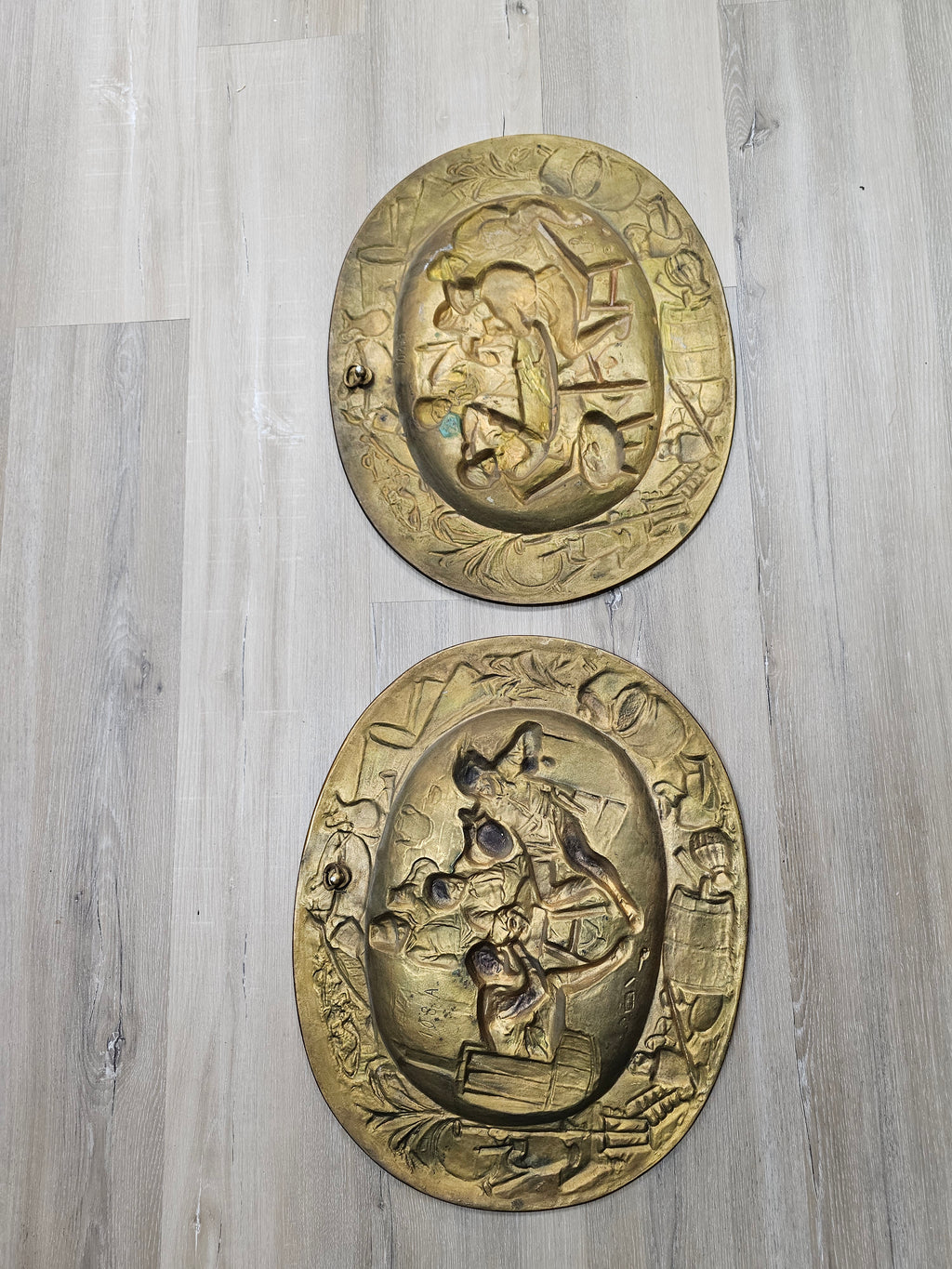 Vintage Large Heavy Metal Ostade Tavern Scene Wall Plaques 108-A & 108-B – Pair