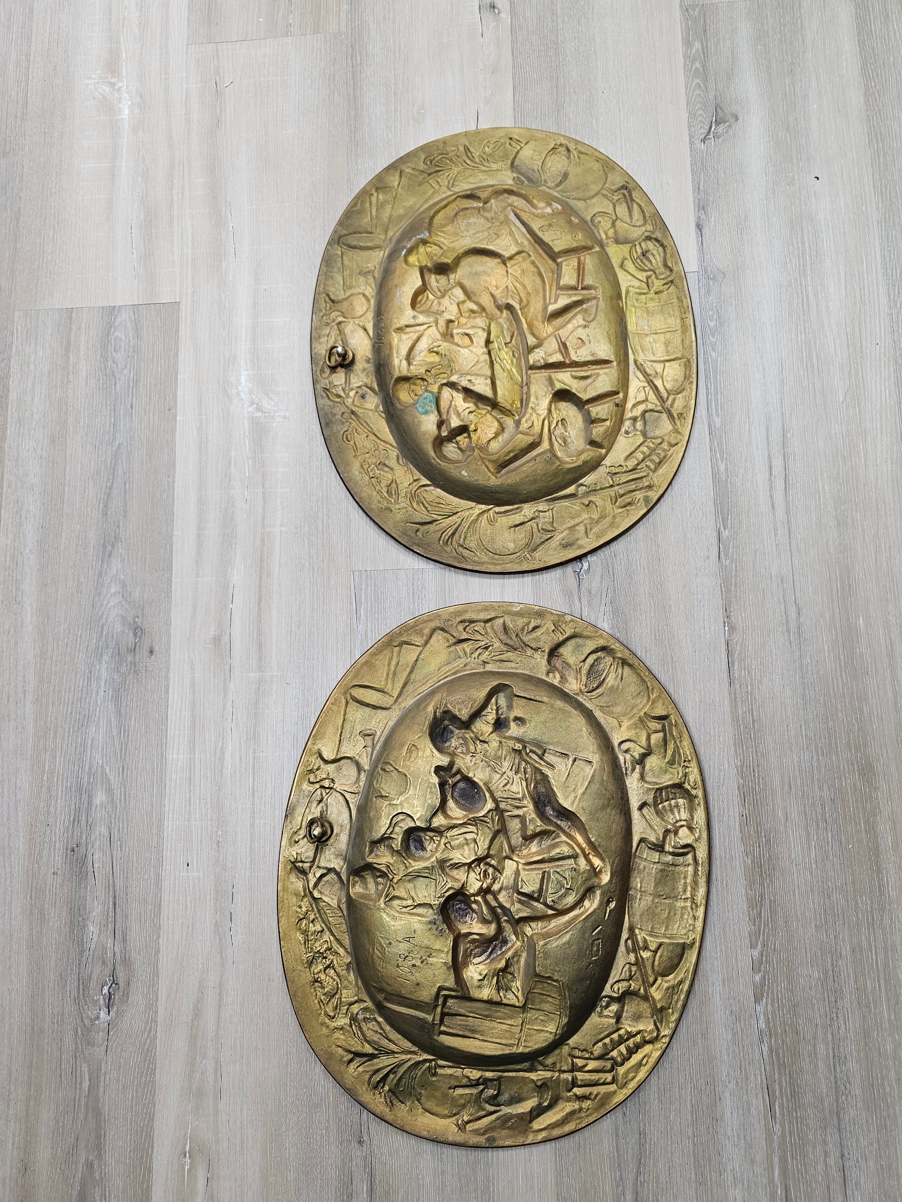 Vintage Large Heavy Metal Ostade Tavern Scene Wall Plaques 108-A & 108-B – Pair
