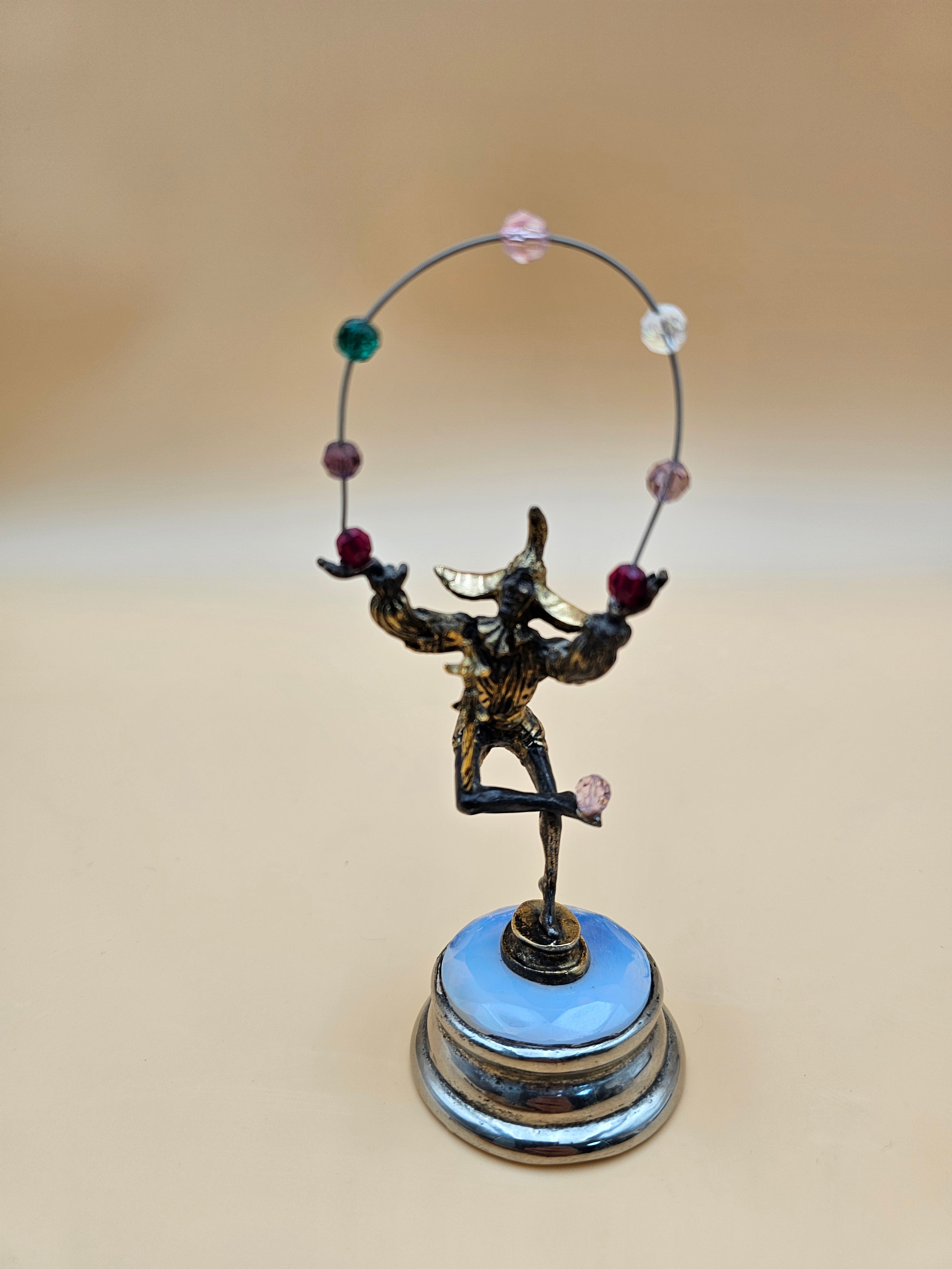 Vintage Harlequin Jester Figurine on Opaline Glass Base with Beaded Hoop