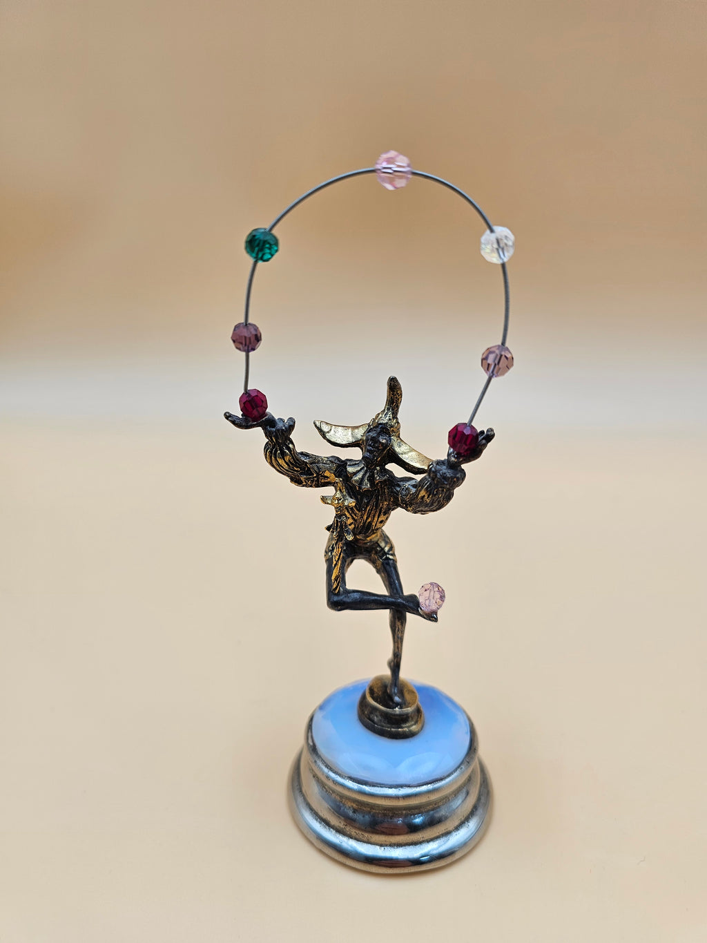 Vintage Harlequin Jester Figurine on Opaline Glass Base with Beaded Hoop