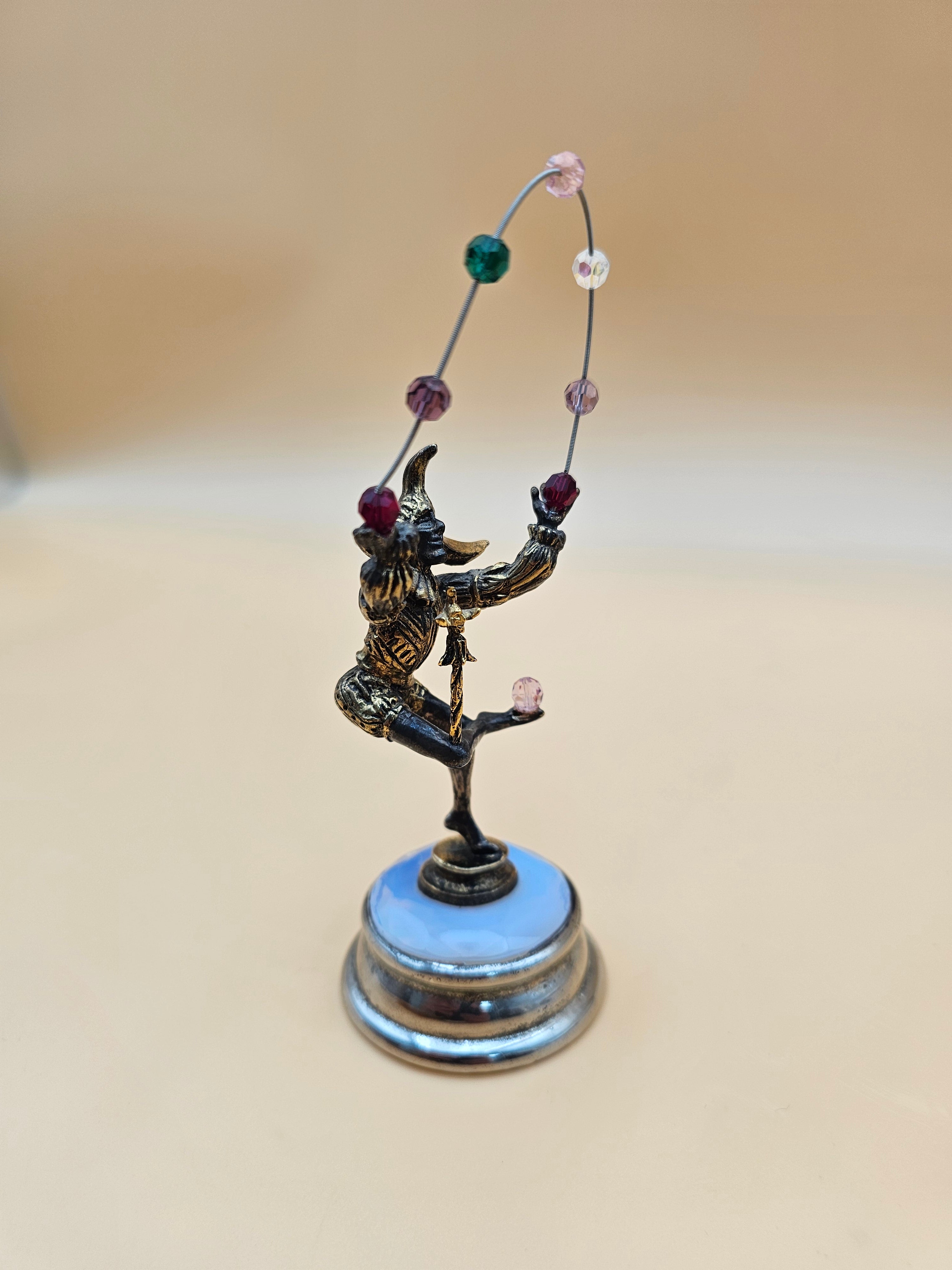 Vintage Harlequin Jester Figurine on Opaline Glass Base with Beaded Hoop