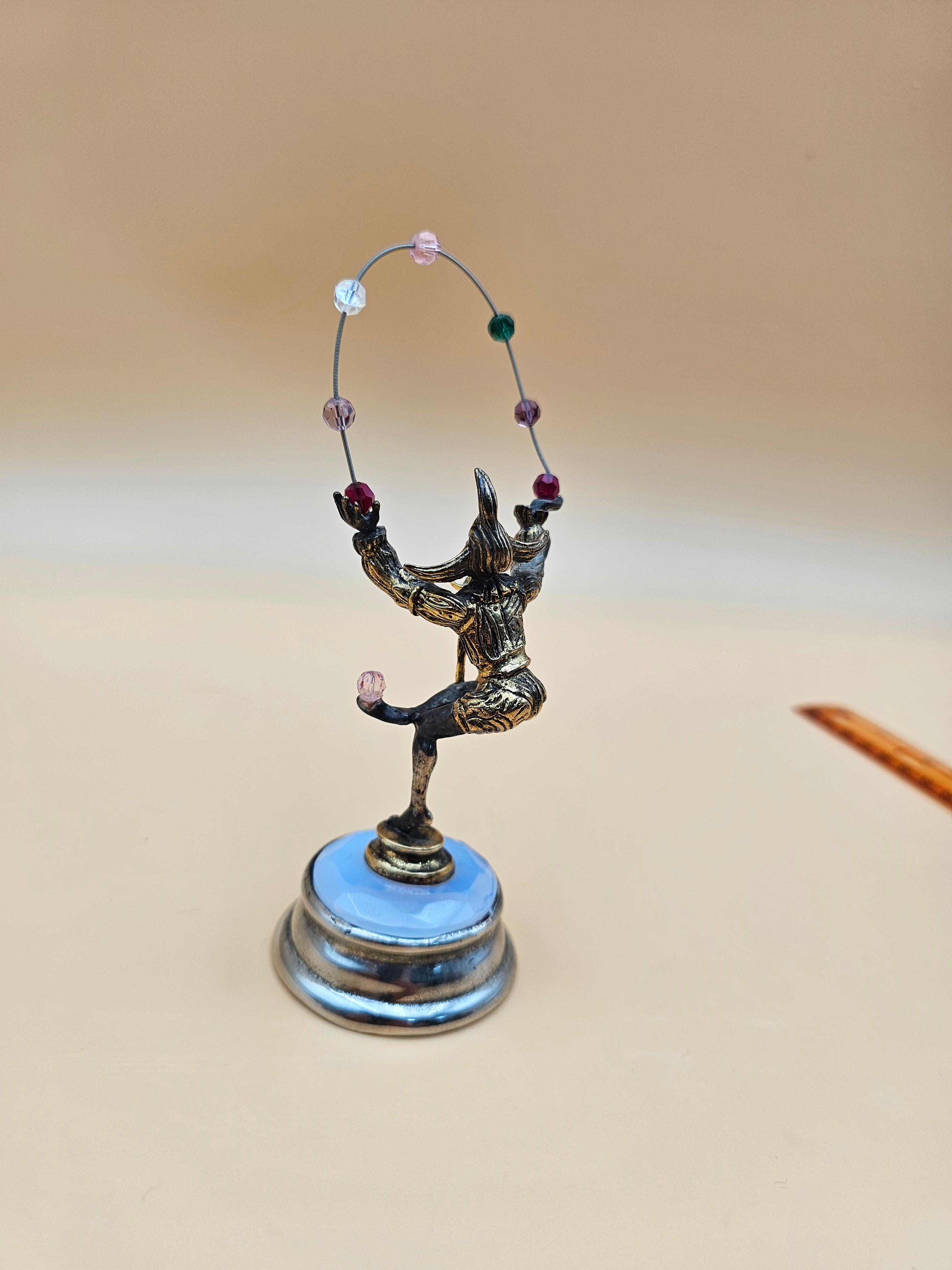 Vintage Harlequin Jester Figurine on Opaline Glass Base with Beaded Hoop