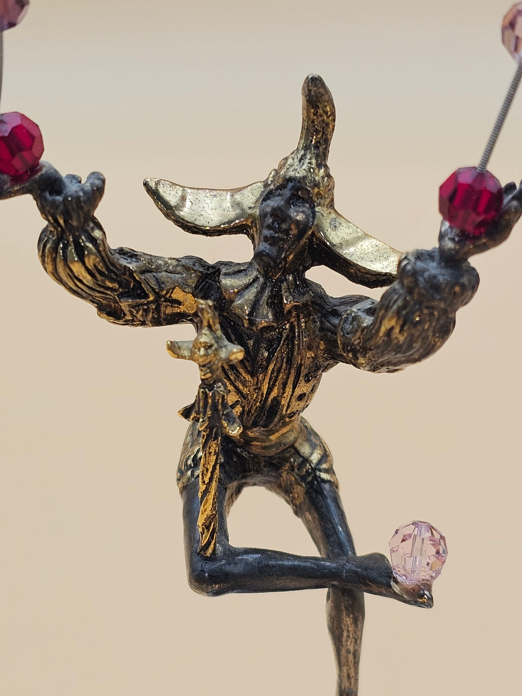 Vintage Harlequin Jester Figurine on Opaline Glass Base with Beaded Hoop