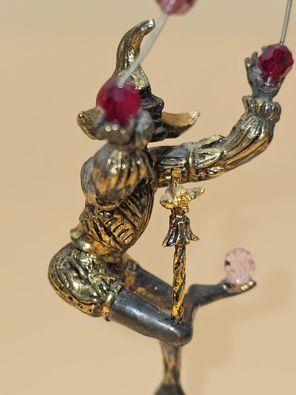 Vintage Harlequin Jester Figurine on Opaline Glass Base with Beaded Hoop