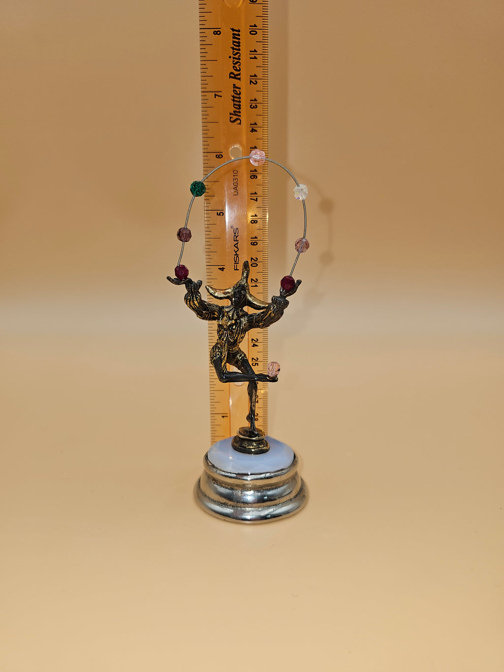 Vintage Harlequin Jester Figurine on Opaline Glass Base with Beaded Hoop