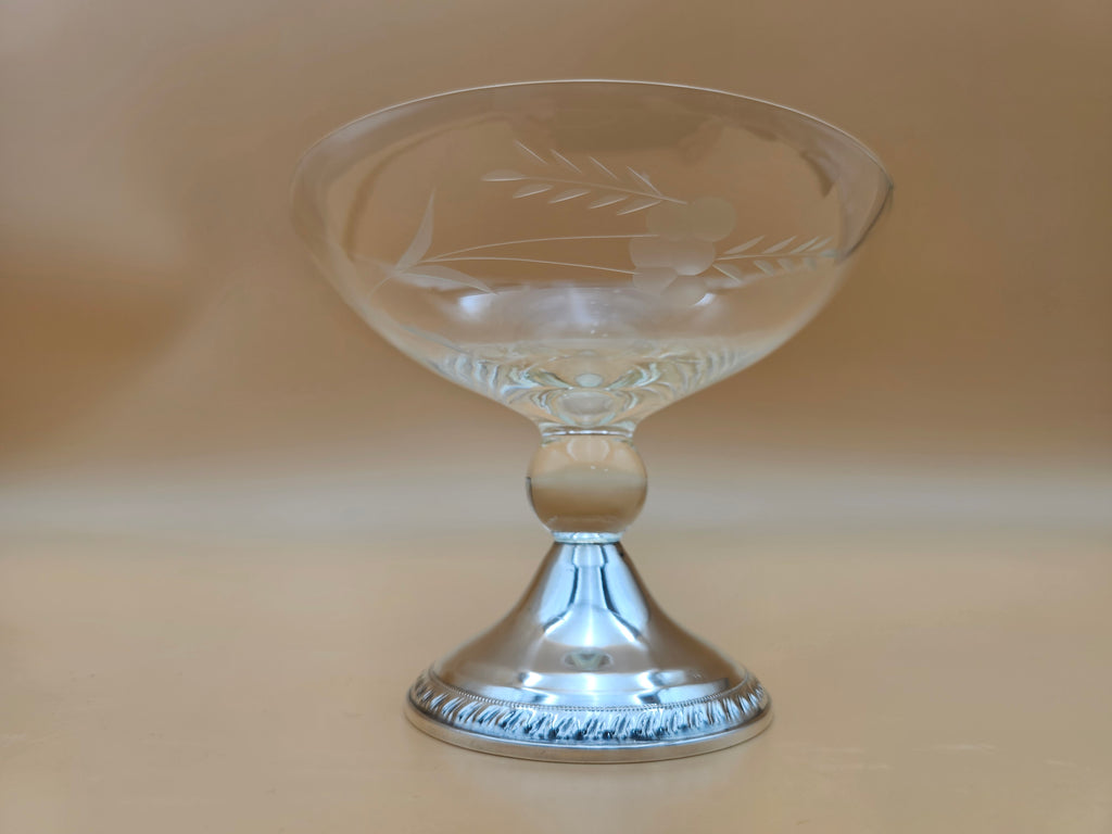 Vintage Duchin Creation Etched Glass Compote with Weighted Sterling Silver Base