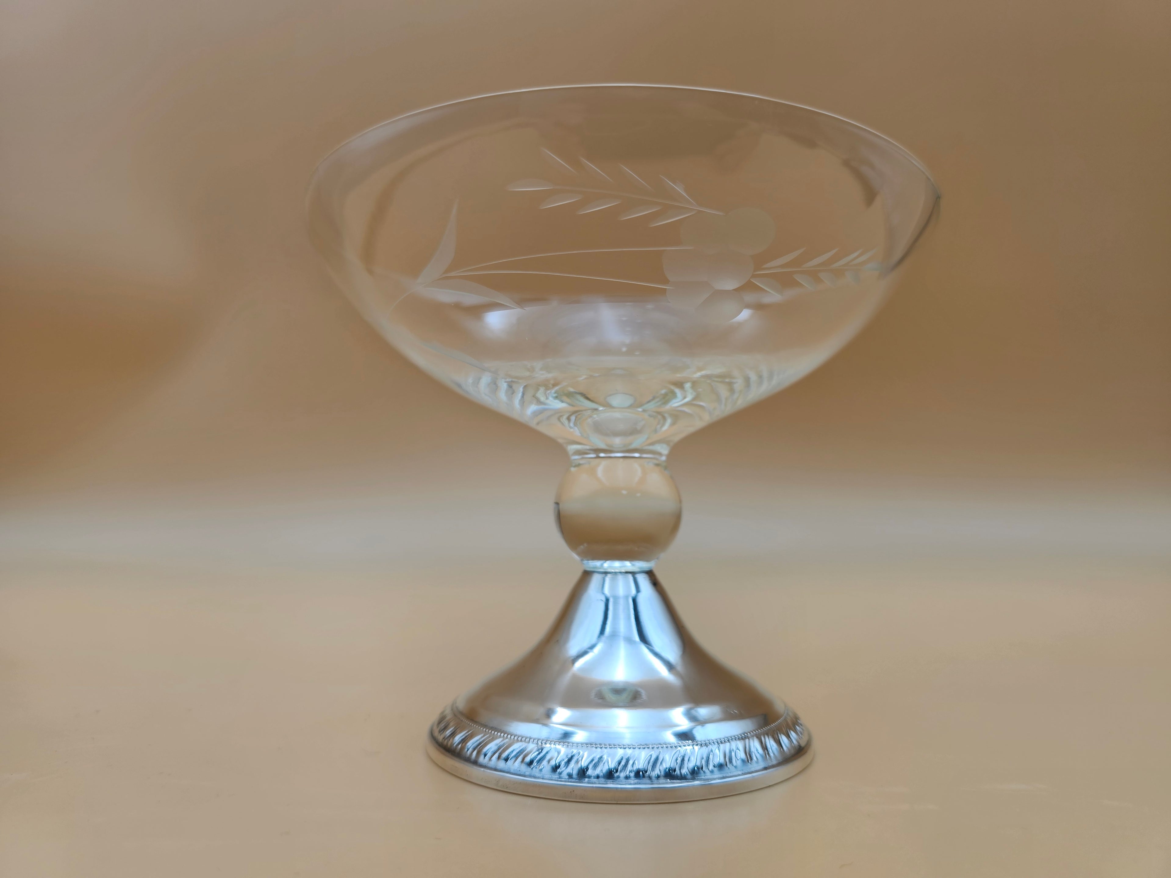 Vintage Duchin Creation Etched Glass Compote with Weighted Sterling Silver Base