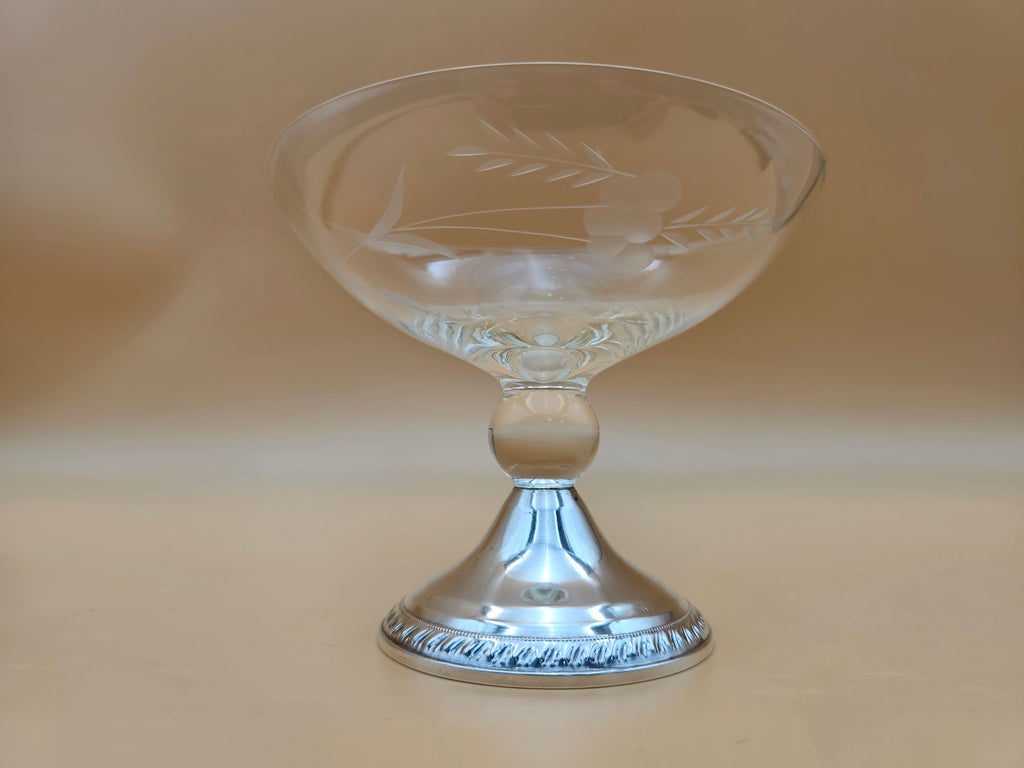 Vintage Duchin Creation Etched Glass Compote with Weighted Sterling Silver Base