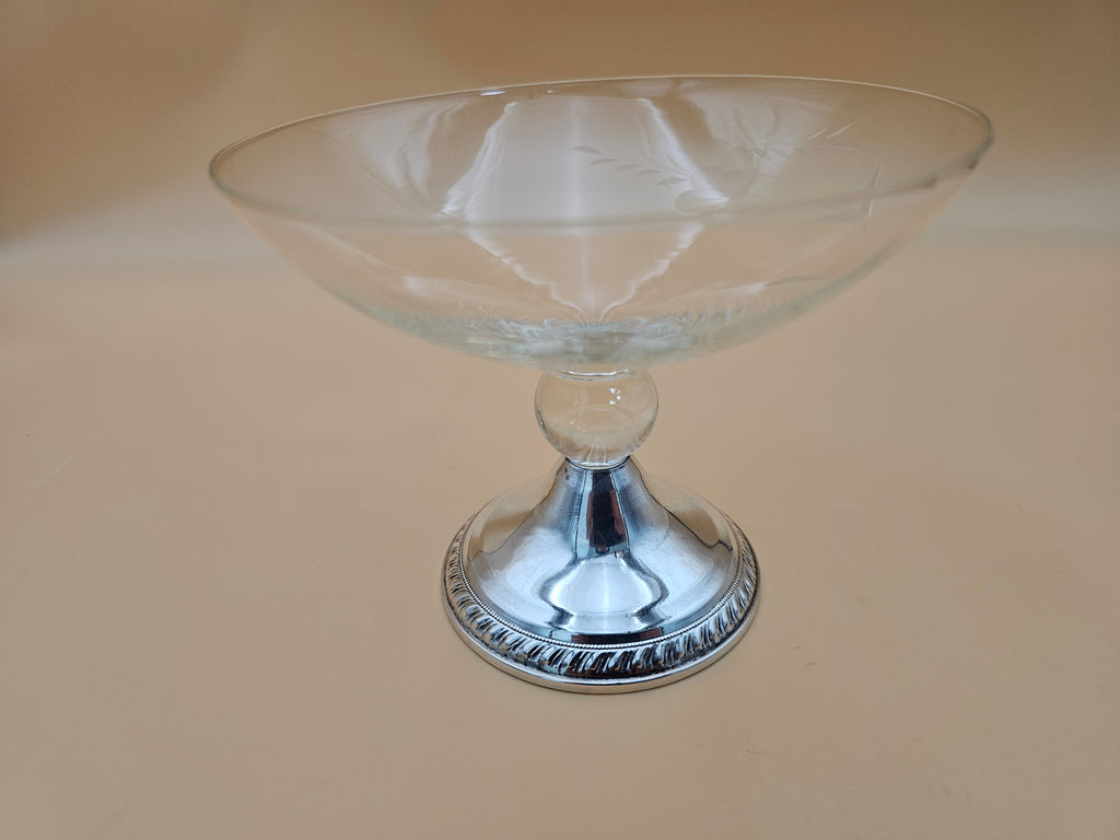 Vintage Duchin Creation Etched Glass Compote with Weighted Sterling Silver Base