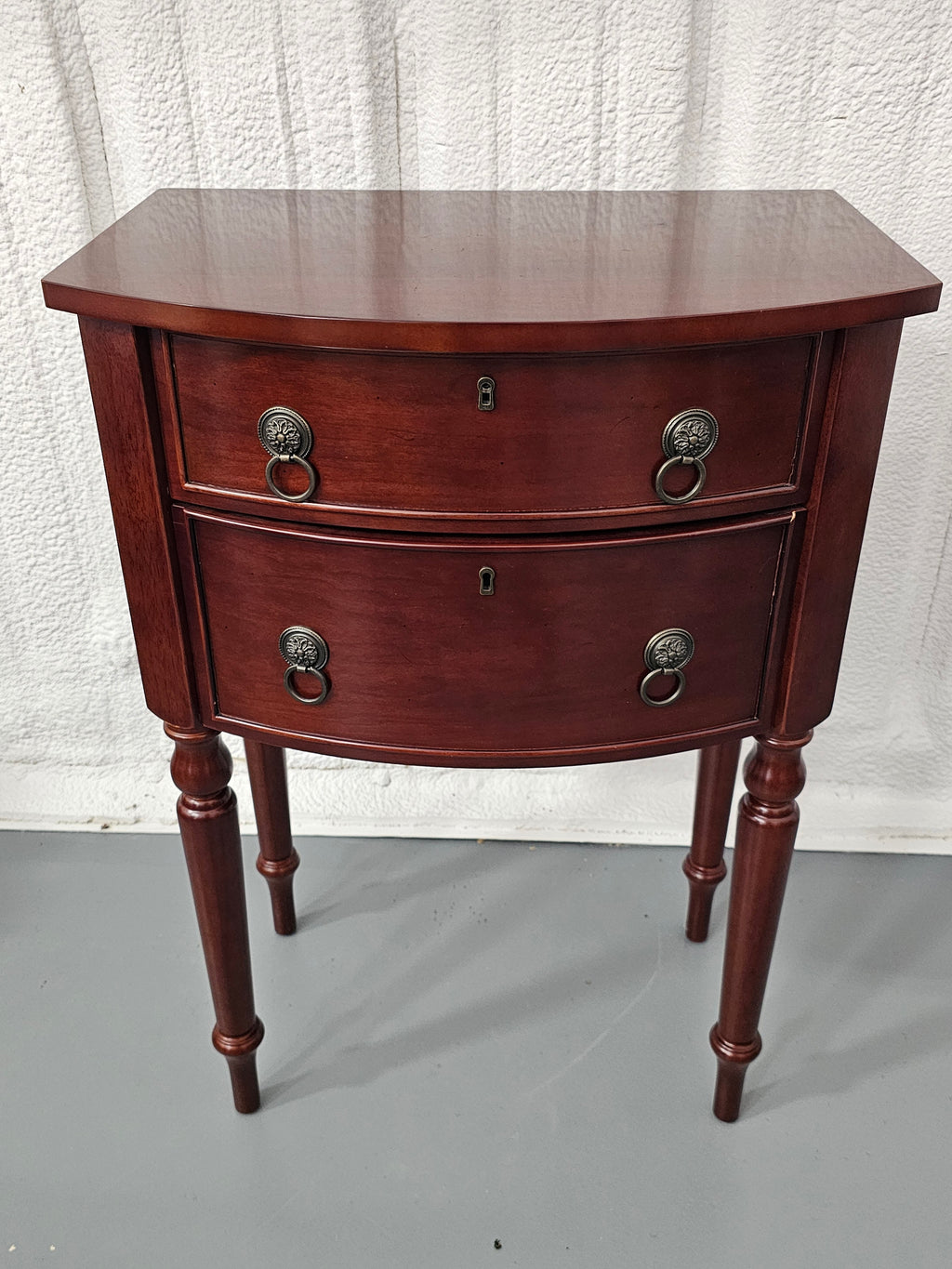 Vintage 1997 Bombay Company Bow-Front Two-Drawer Accent Table with Key