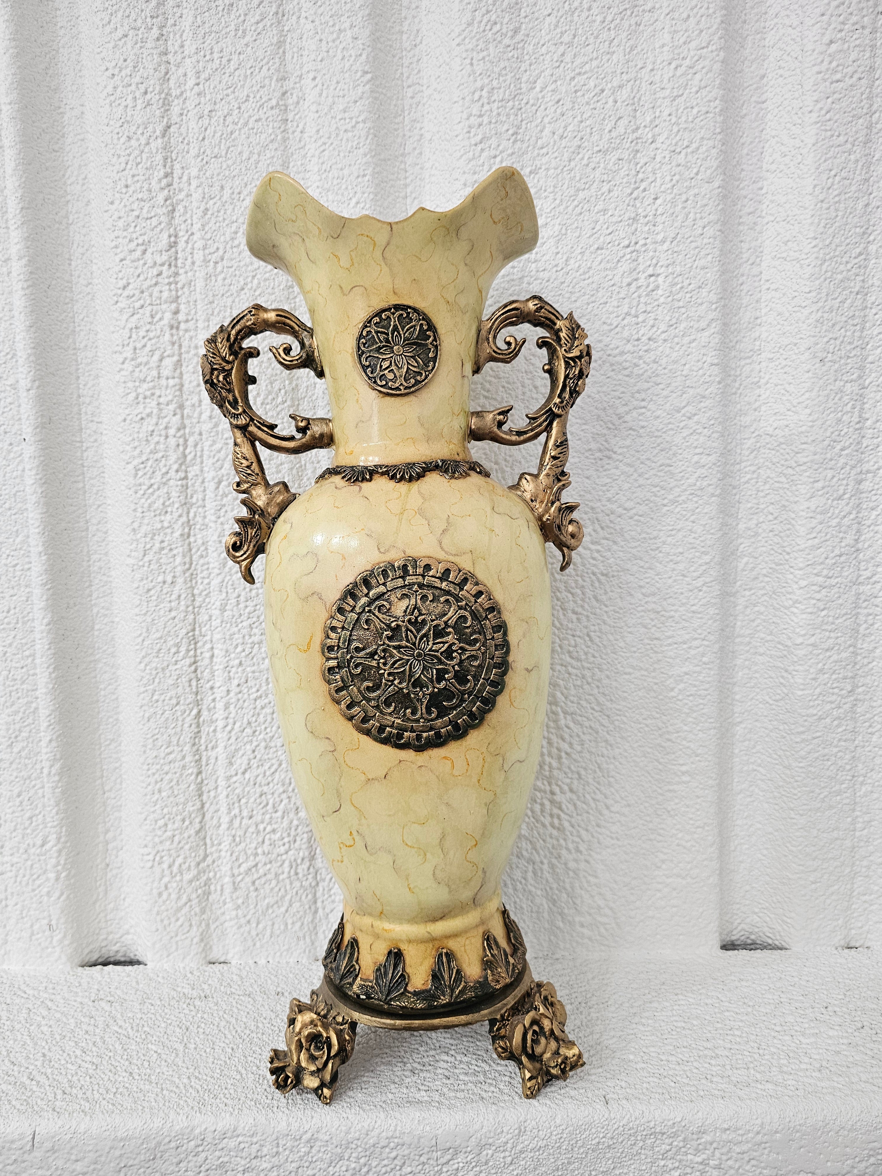 Large 25.5" Ornate Cream and Gold Resin Floor Vase – As Is
