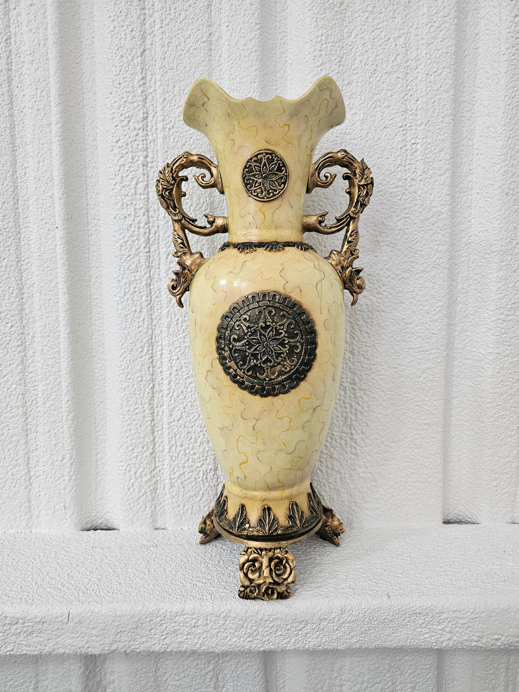Large 25.5" Ornate Cream and Gold Resin Floor Vase – As Is