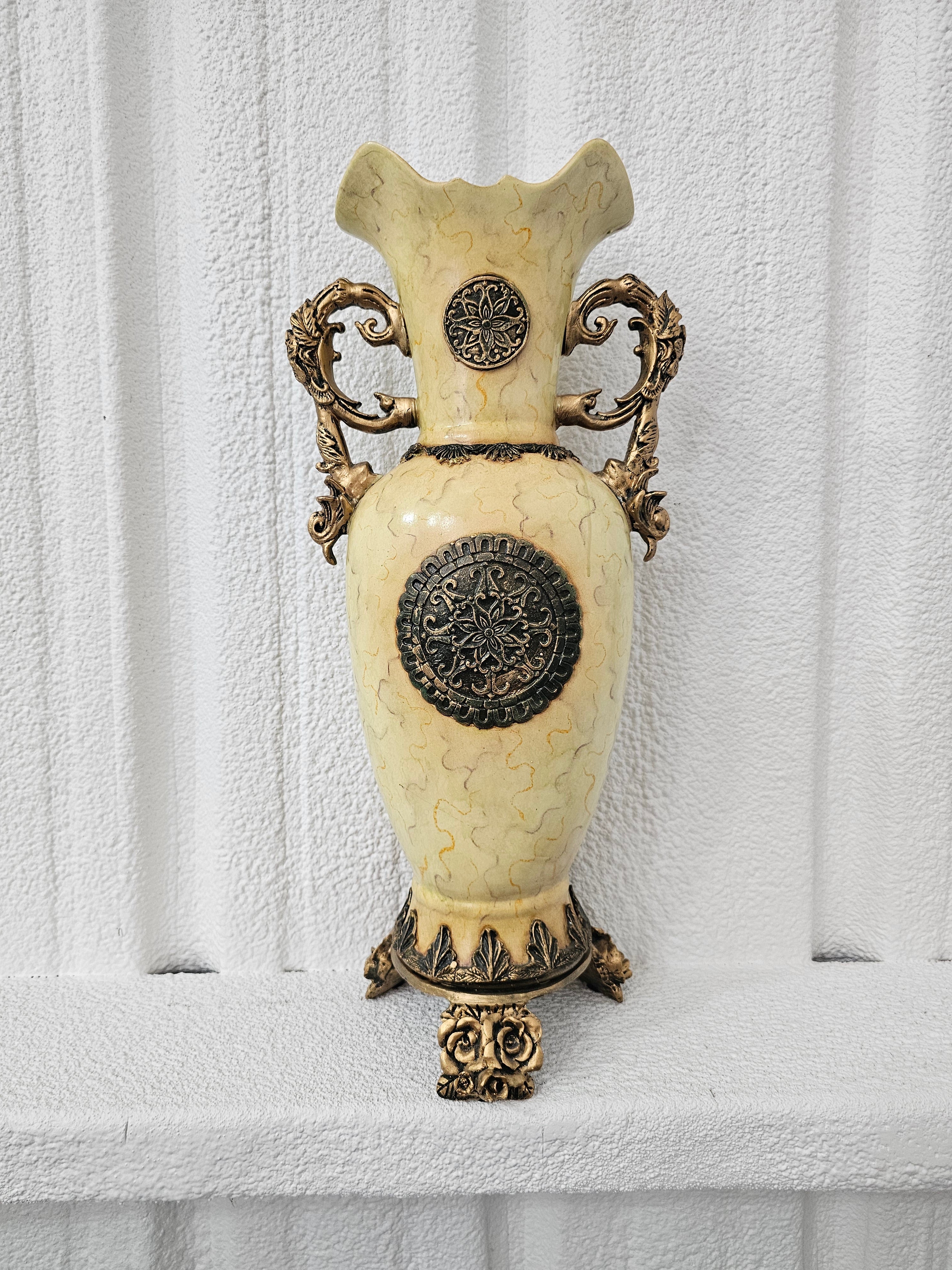 Large 25.5" Ornate Cream and Gold Resin Floor Vase – As Is