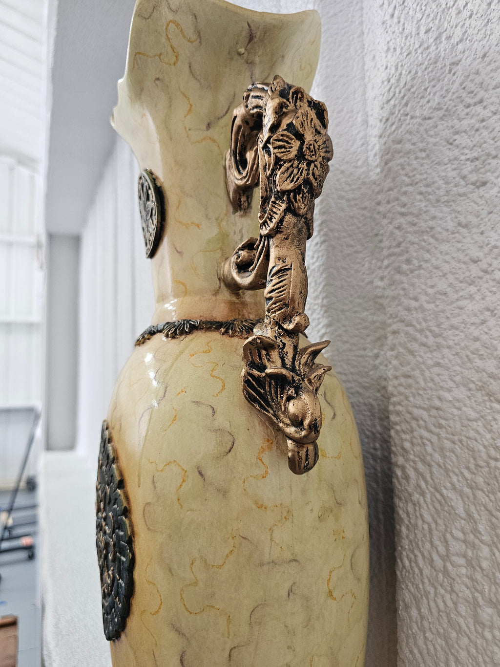 Large 25.5" Ornate Cream and Gold Resin Floor Vase – As Is