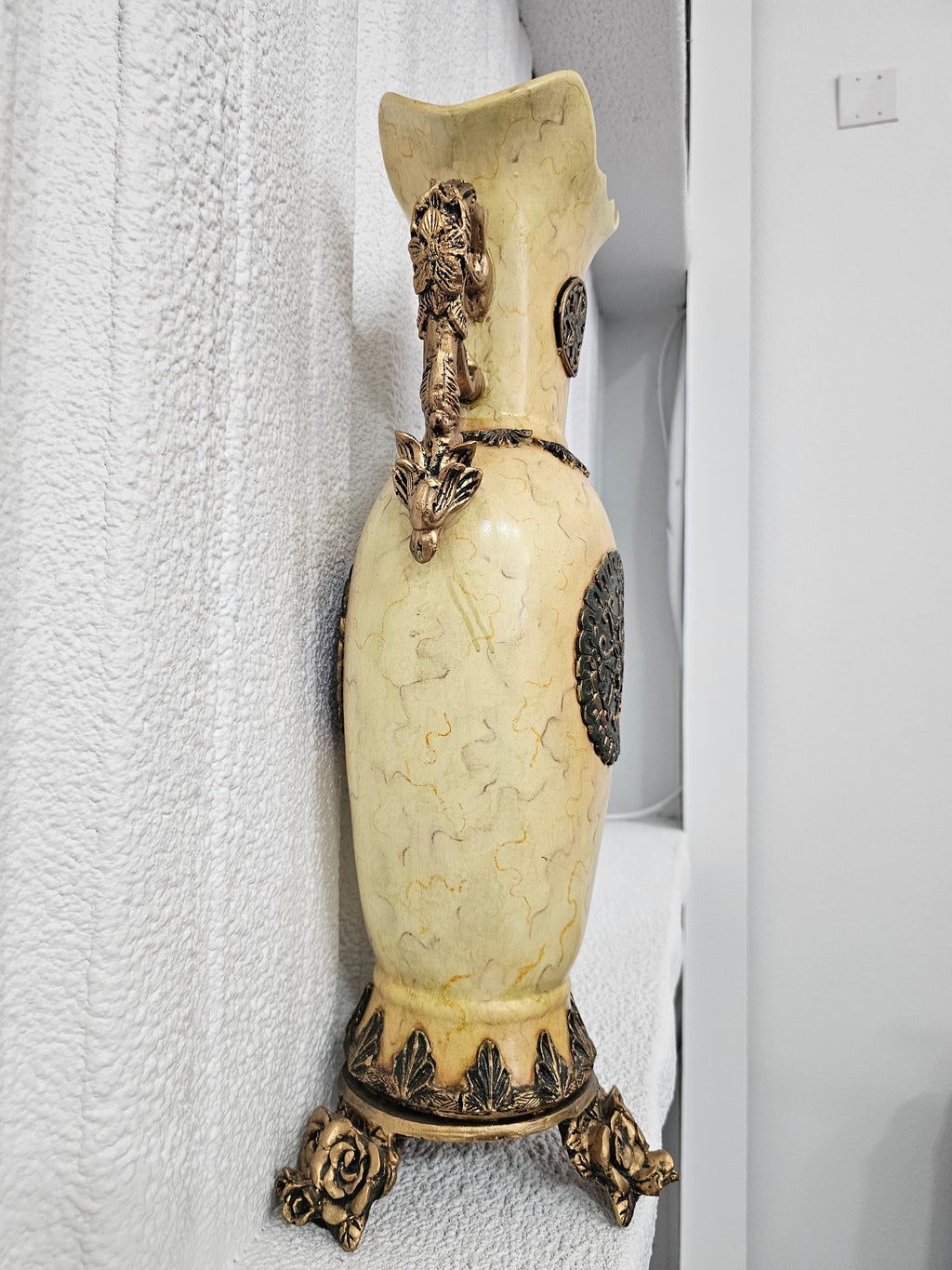 Large 25.5" Ornate Cream and Gold Resin Floor Vase – As Is