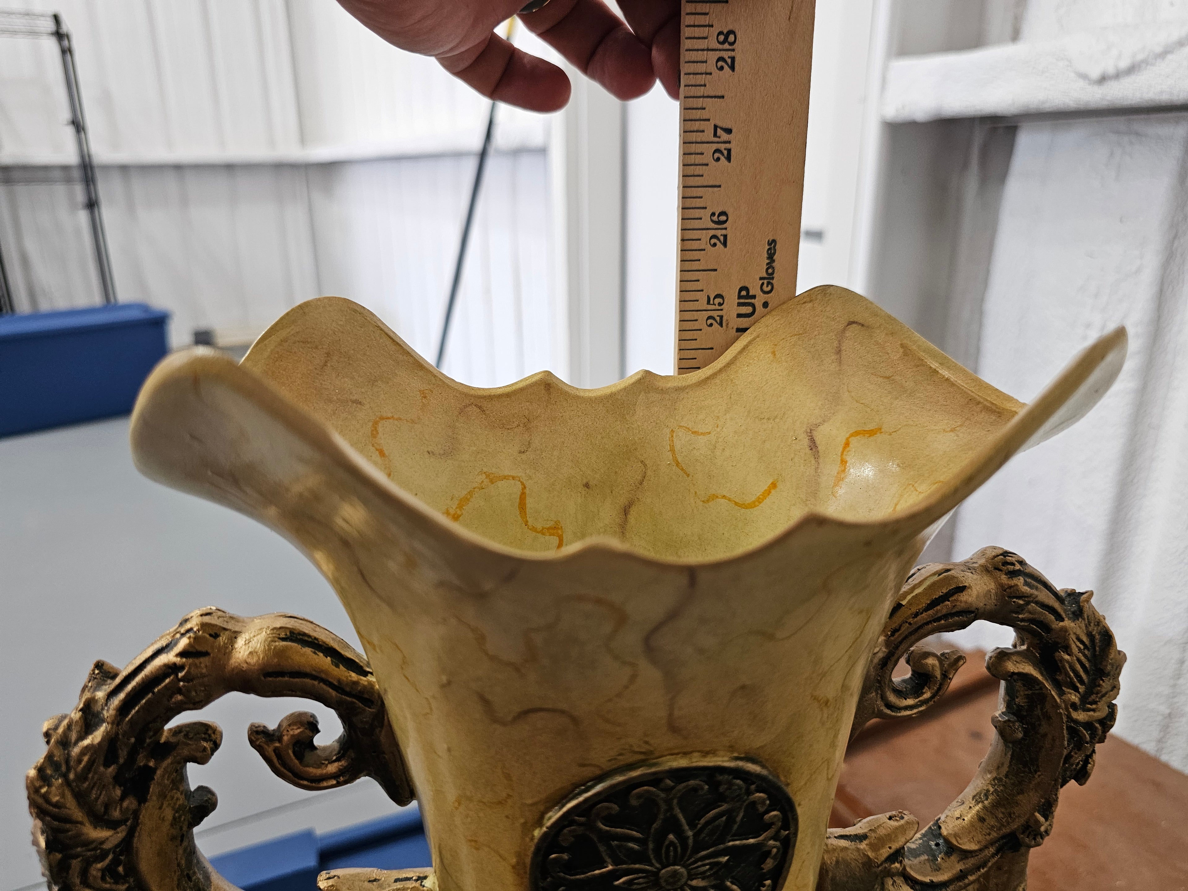 Large 25.5" Ornate Cream and Gold Resin Floor Vase – As Is