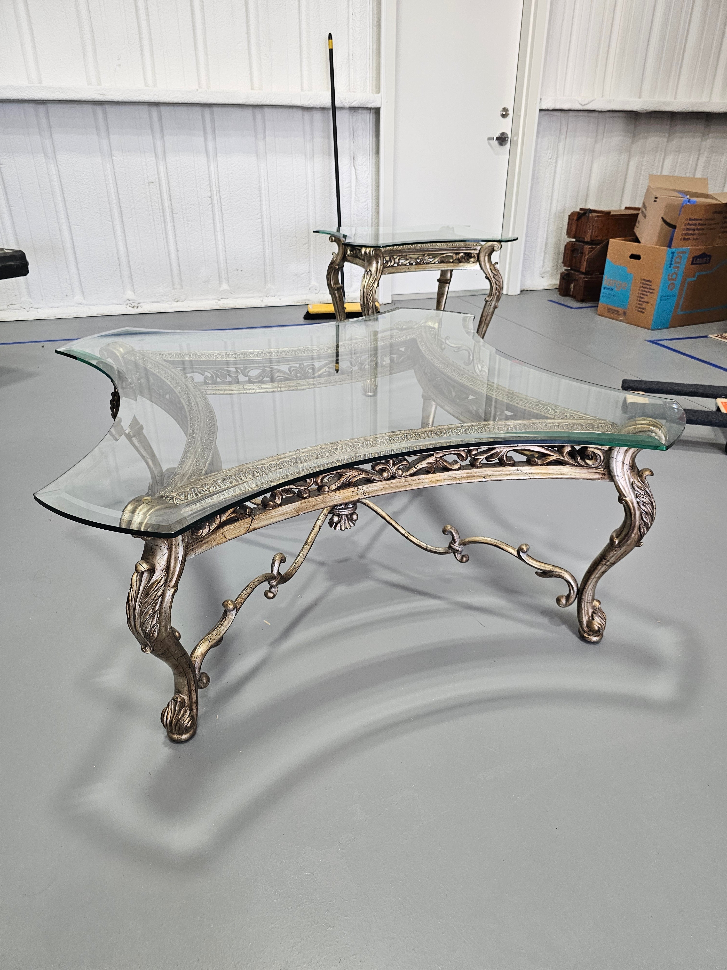 Large Rococo-Style Platinum Finish Square Glass-Top Coffee Table