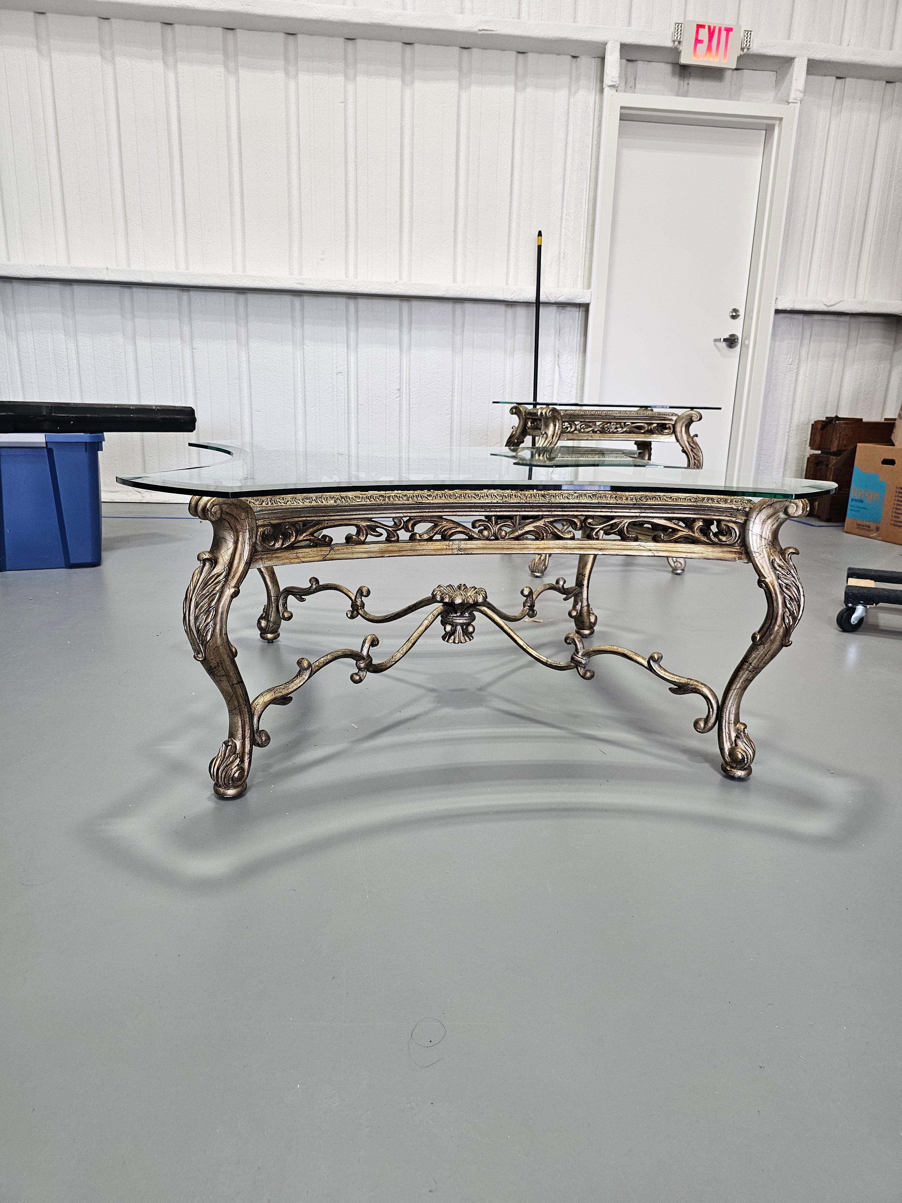 Large Rococo-Style Platinum Finish Square Glass-Top Coffee Table