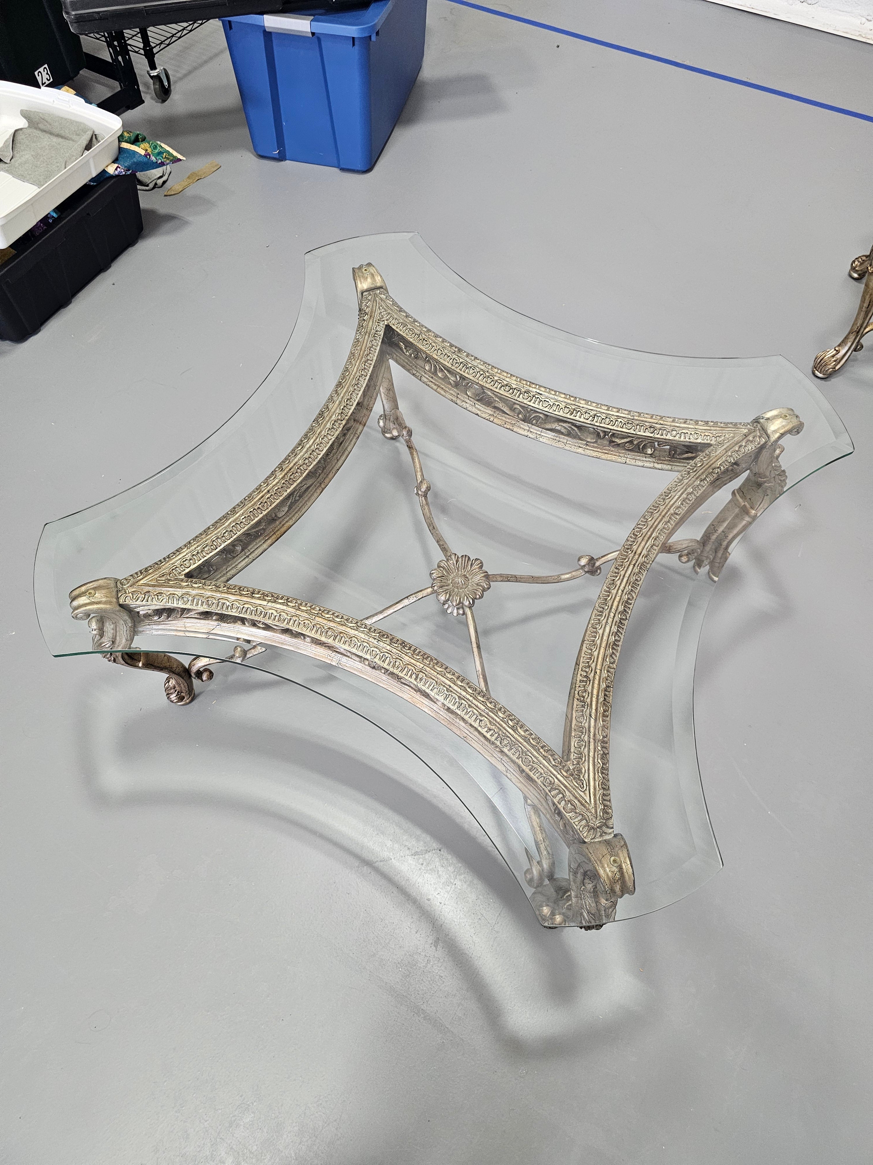 Rococo-Style Platinum Finish Rectangular Glass-Top End Table