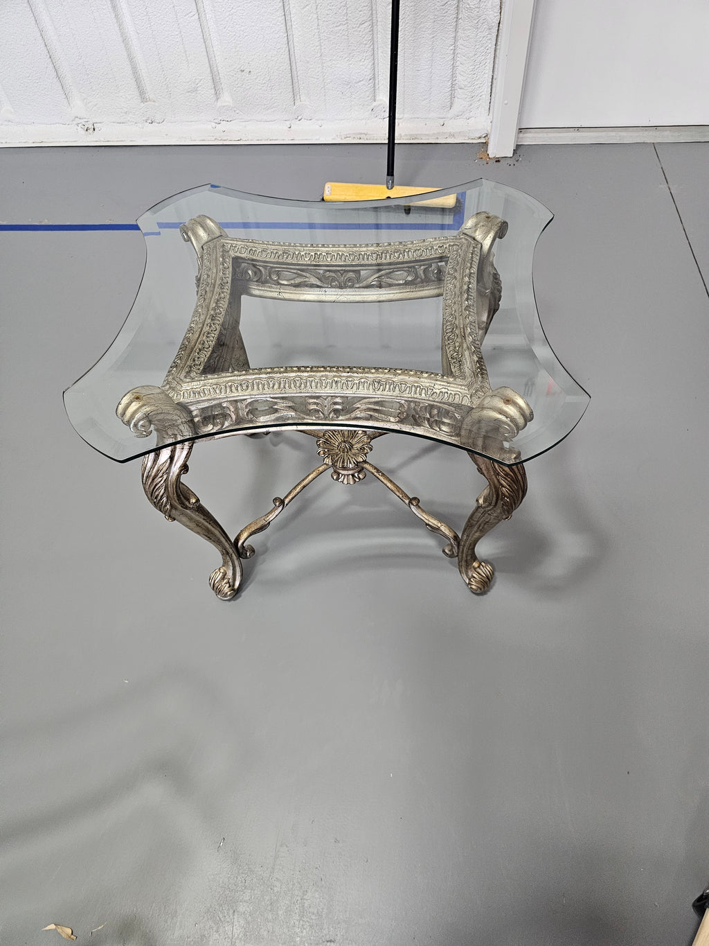 Rococo-Style Platinum Finish Rectangular Glass-Top End Table