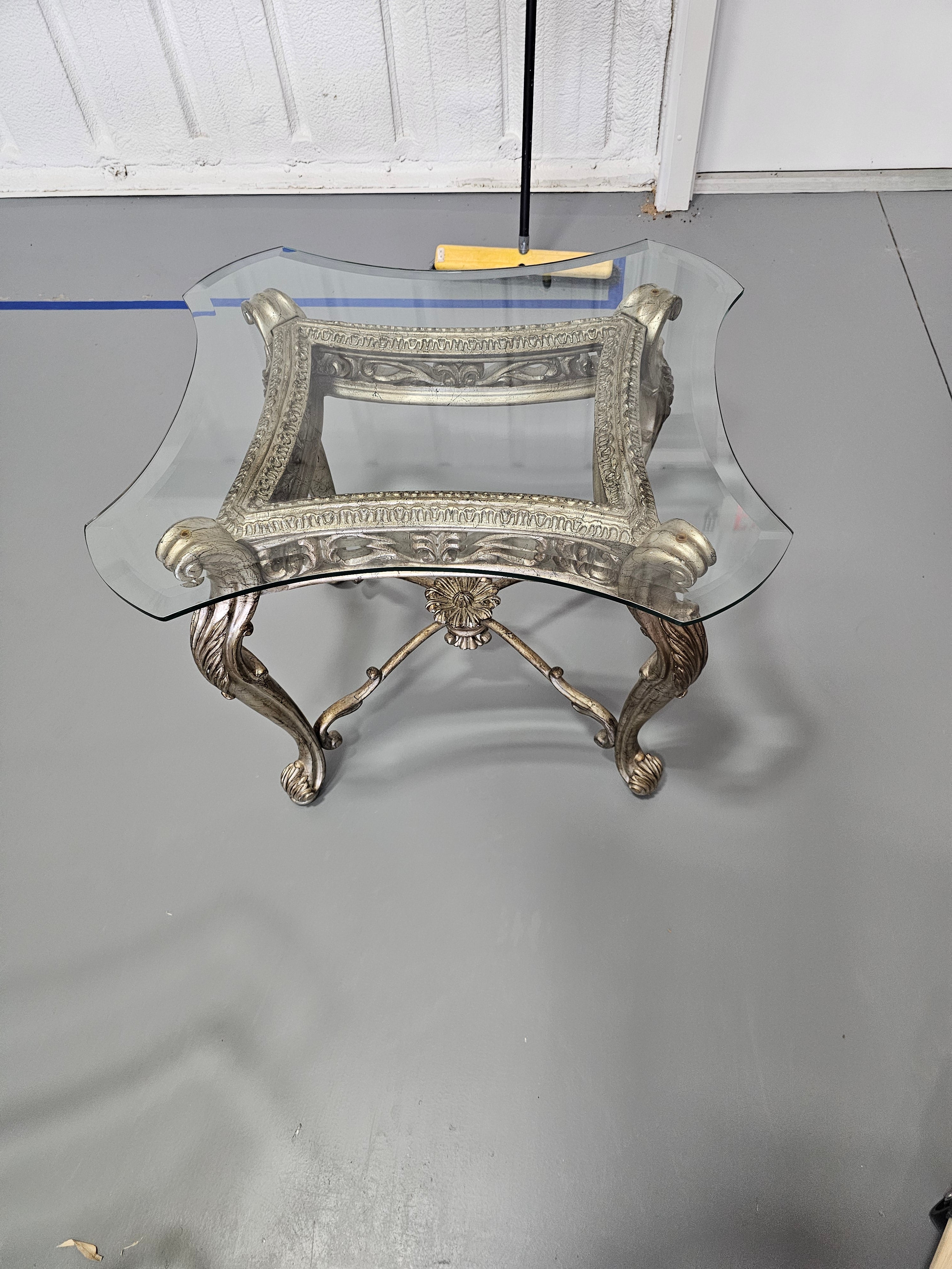 Rococo-Style Platinum Finish Rectangular Glass-Top End Table