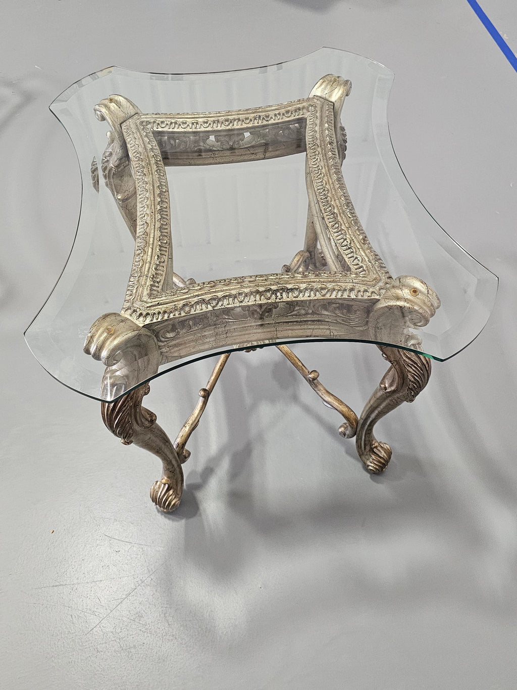 Rococo-Style Platinum Finish Rectangular Glass-Top End Table