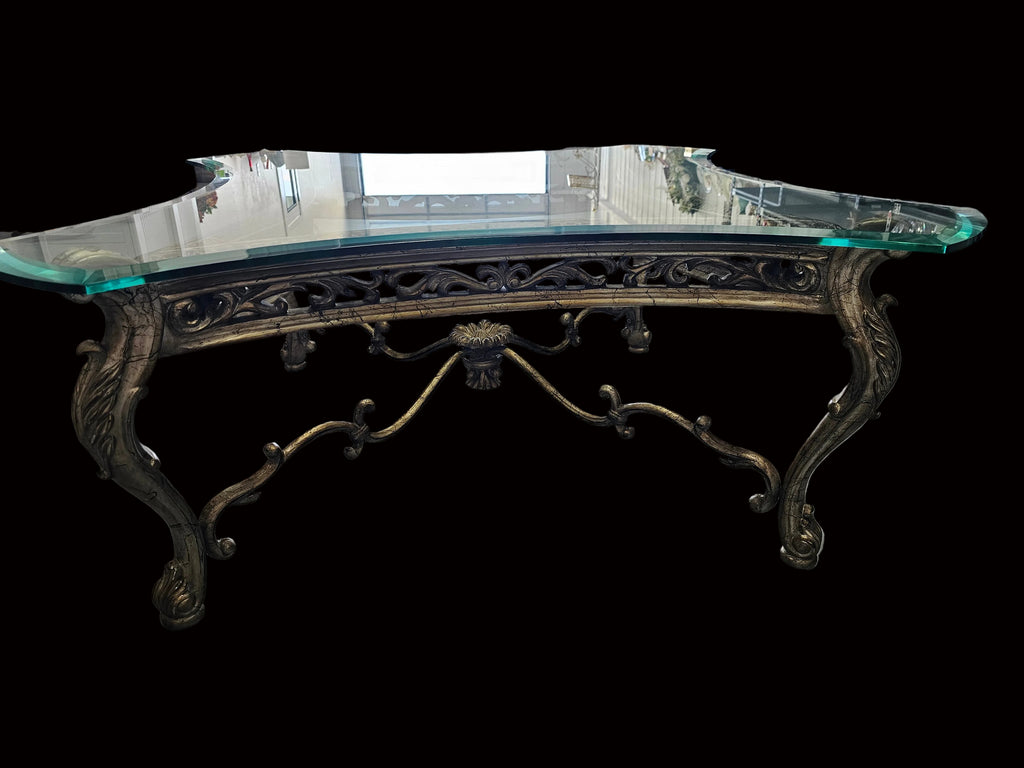 Large Rococo-Style Platinum Finish Square Glass-Top Coffee Table