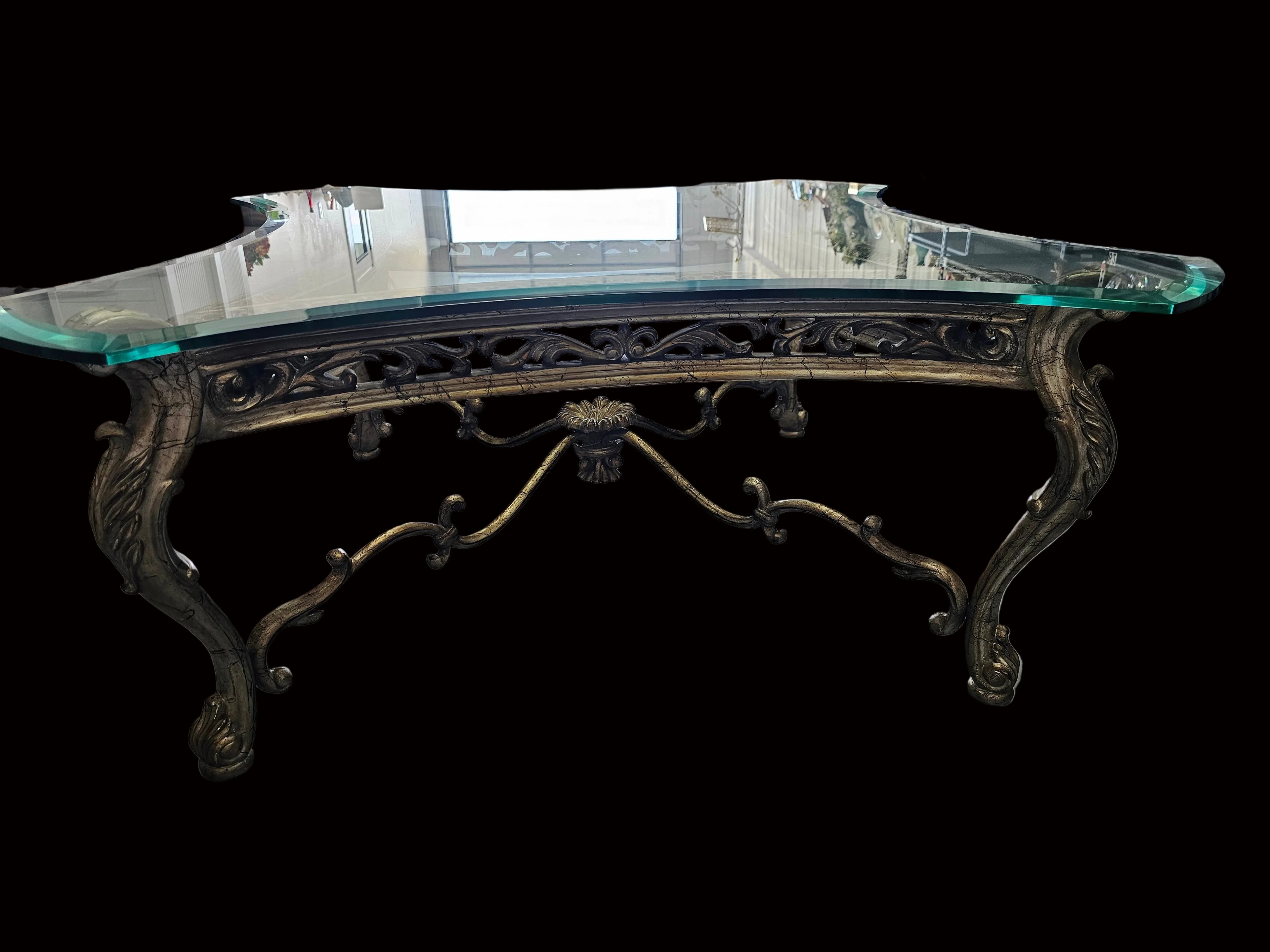 Large Rococo-Style Platinum Finish Square Glass-Top Coffee Table
