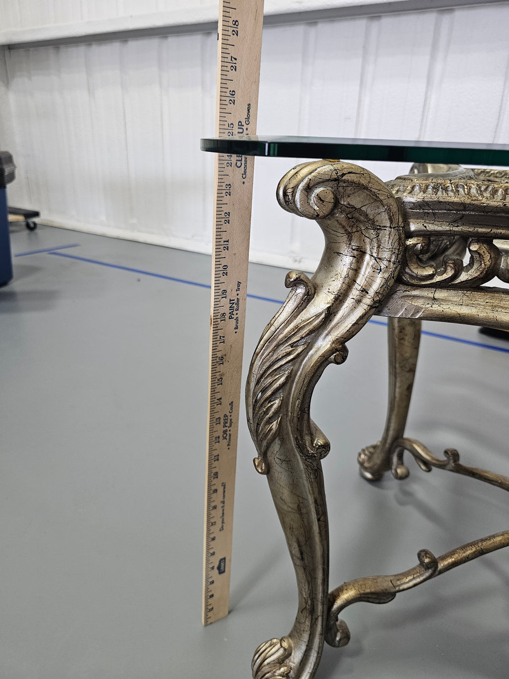 Rococo-Style Platinum Finish Rectangular Glass-Top End Table