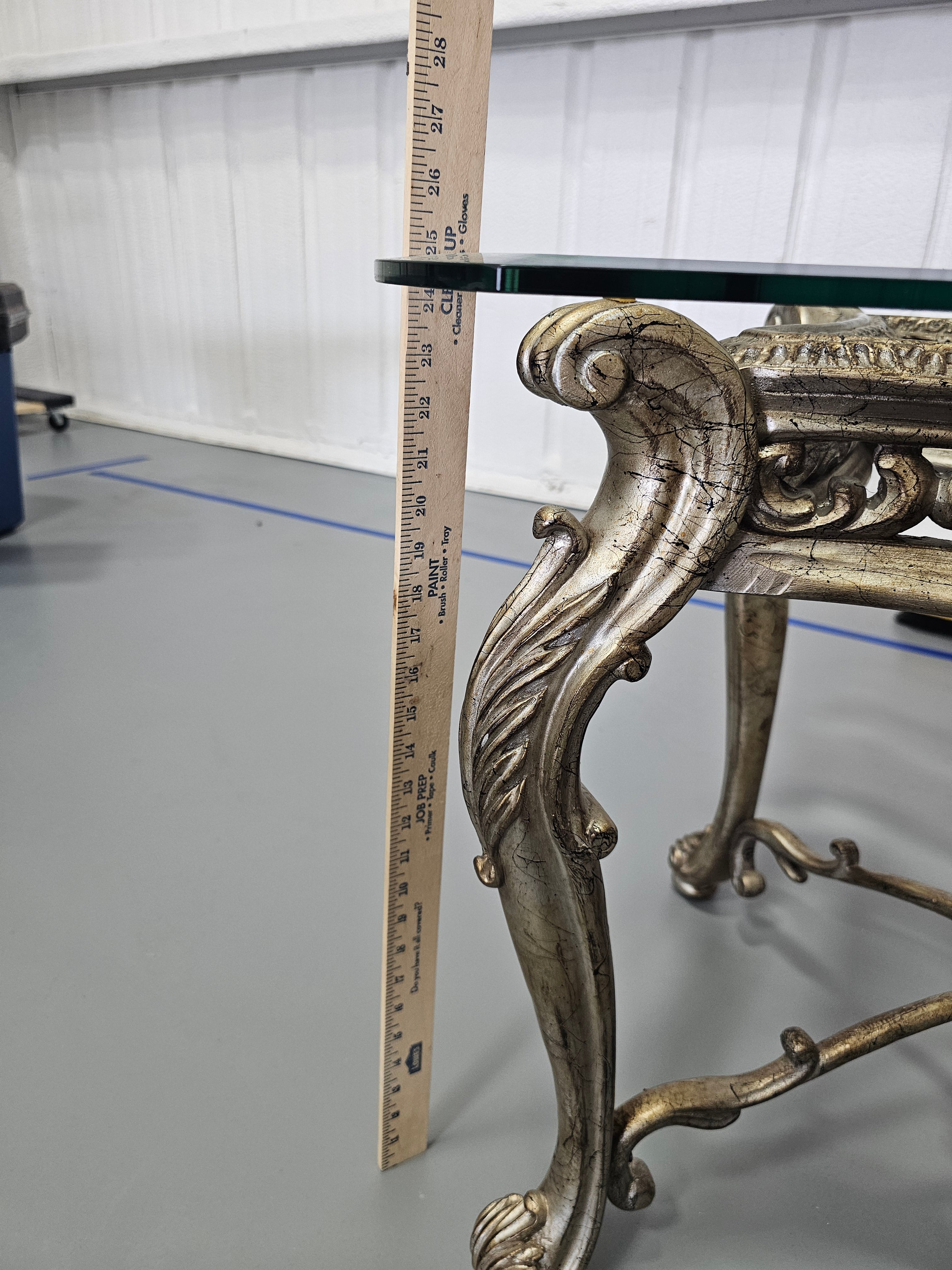 Rococo-Style Platinum Finish Rectangular Glass-Top End Table