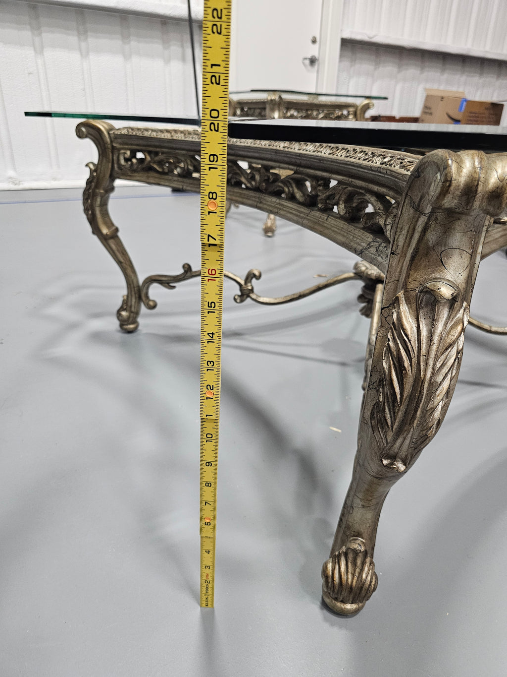 Large Rococo-Style Platinum Finish Square Glass-Top Coffee Table