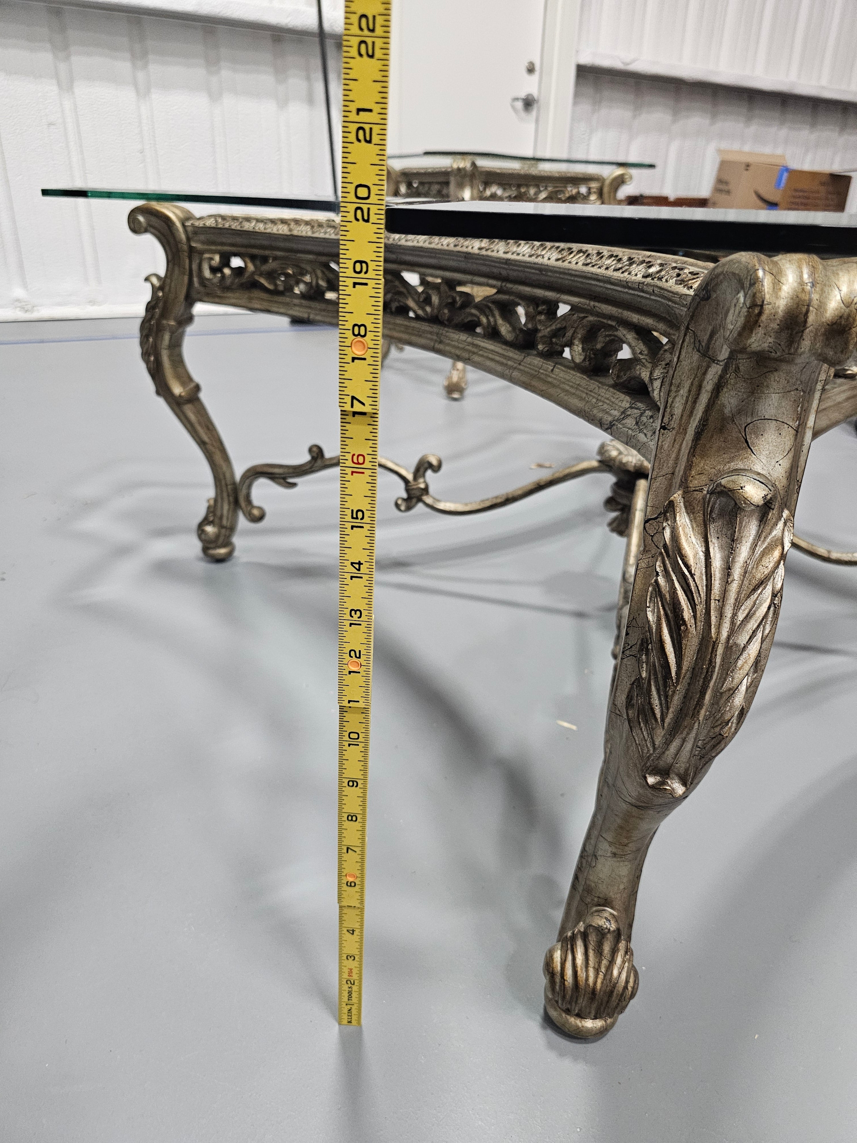 Large Rococo-Style Platinum Finish Square Glass-Top Coffee Table