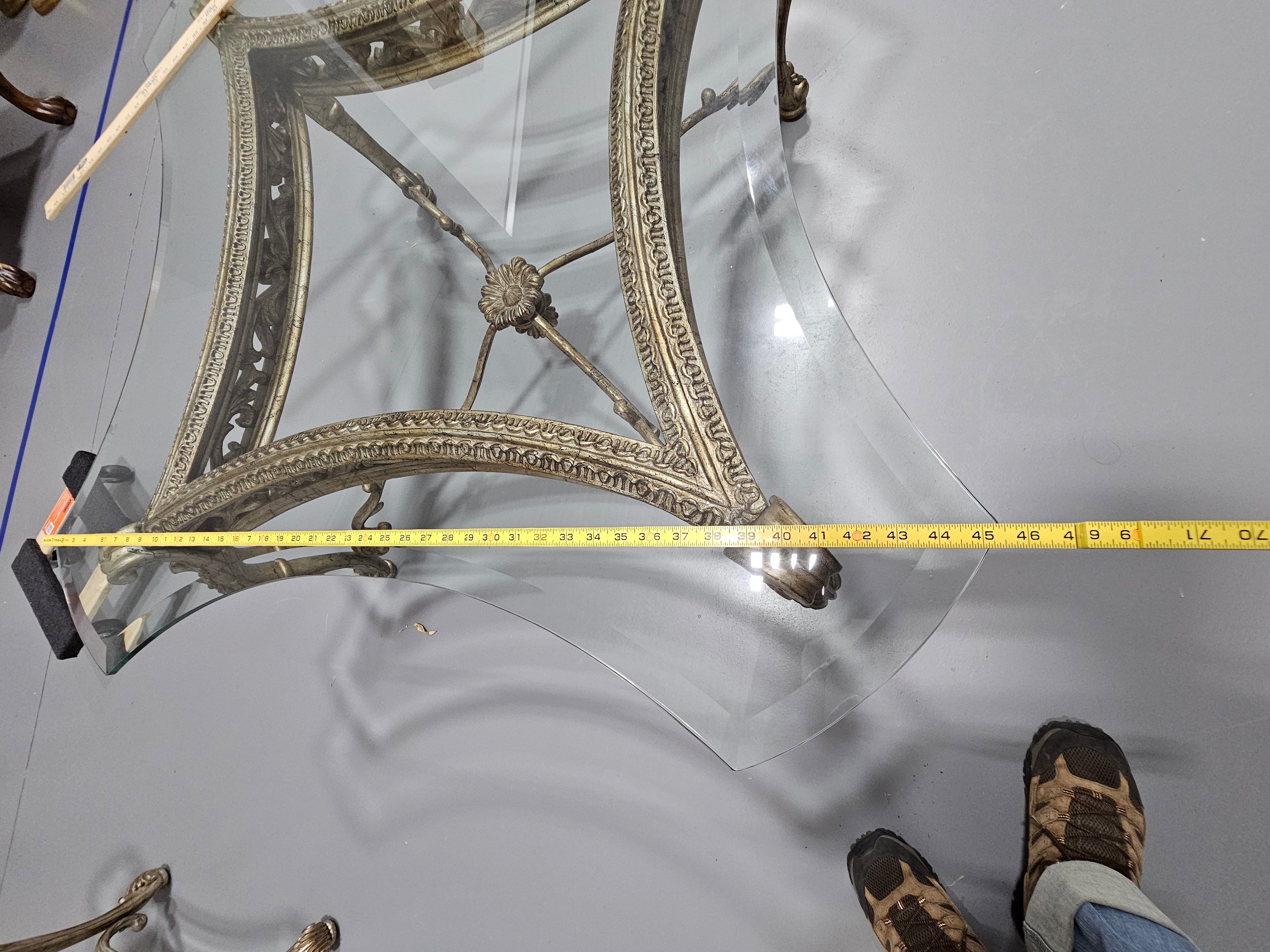 Large Rococo-Style Platinum Finish Square Glass-Top Coffee Table