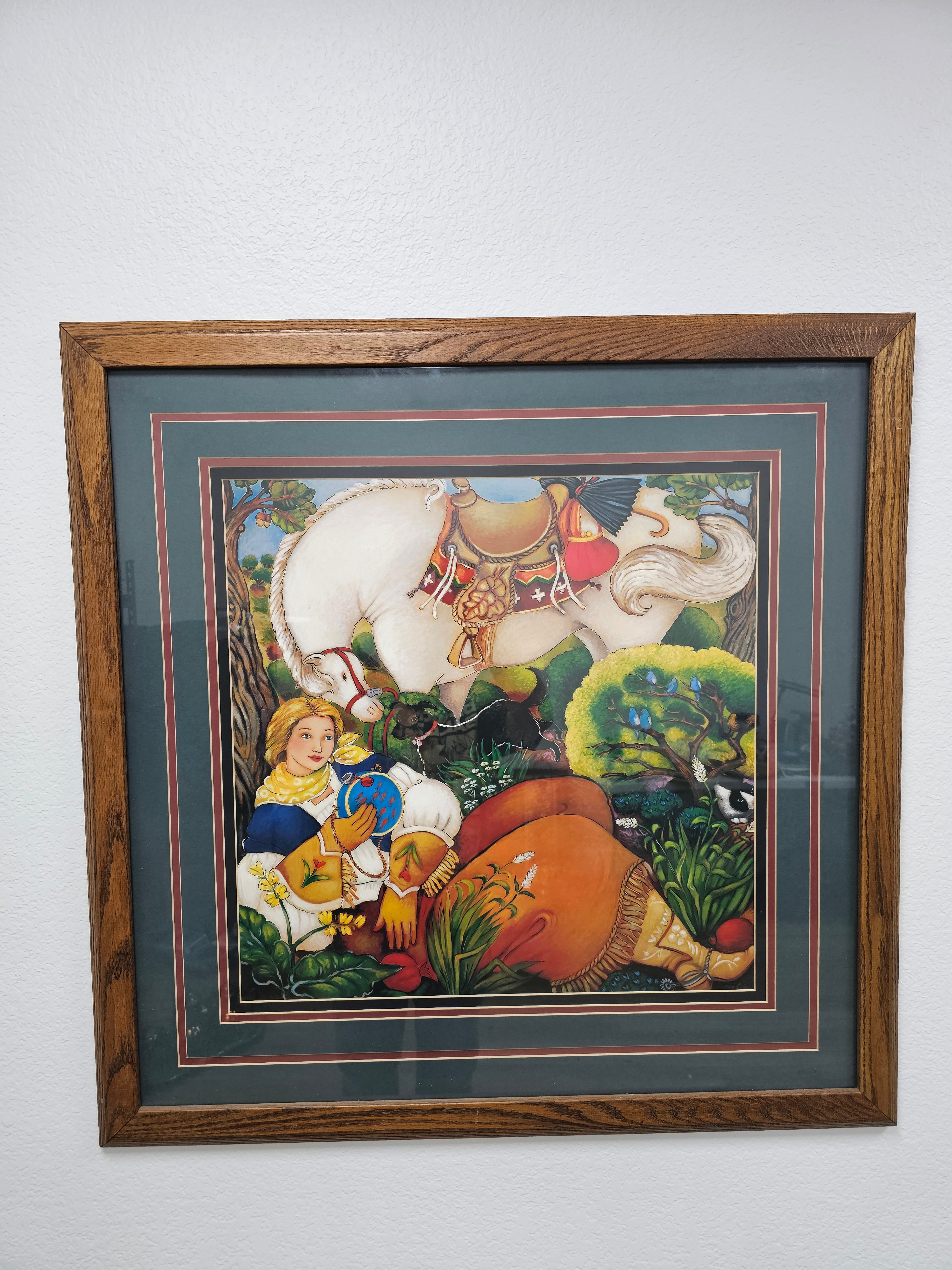 Large Southwestern-Style Folk Art Horse & Resting Rider Framed Print – 35.5 in x 35.5 in