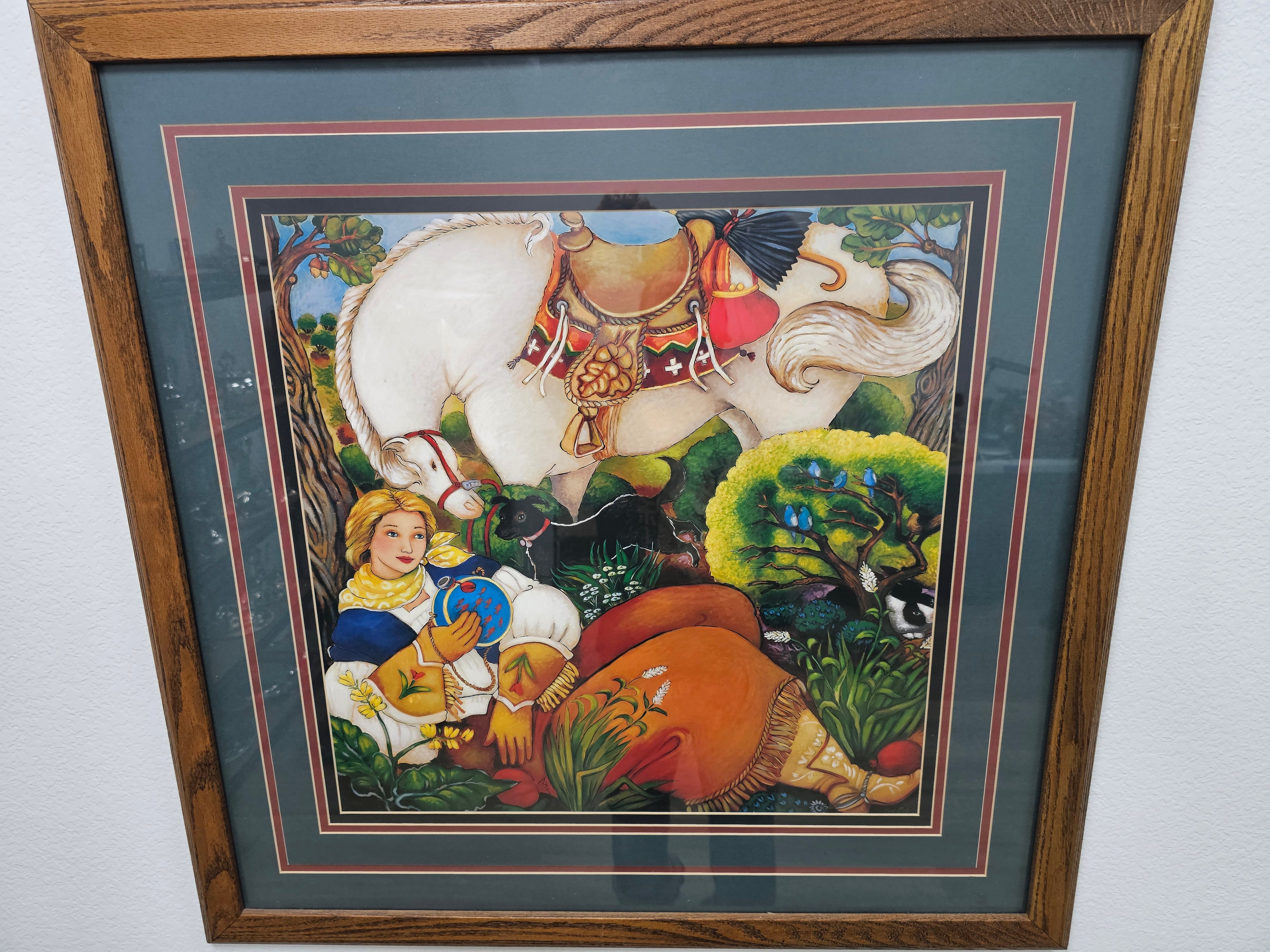Large Southwestern-Style Folk Art Horse & Resting Rider Framed Print – 35.5 in x 35.5 in
