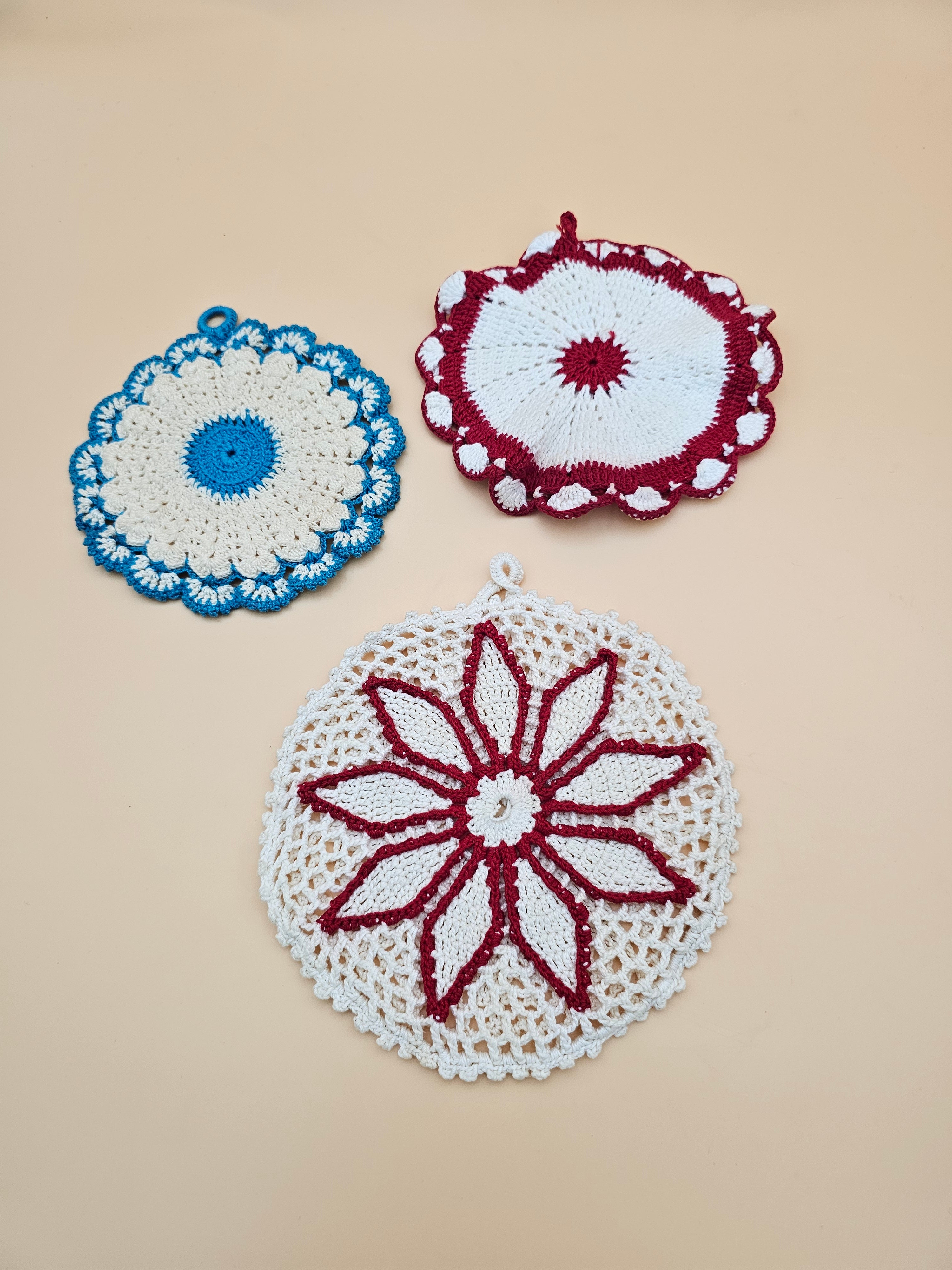Set of 3 Crocheted Potholders & Hot Pads – Red, Blue and Cream Floral Designs