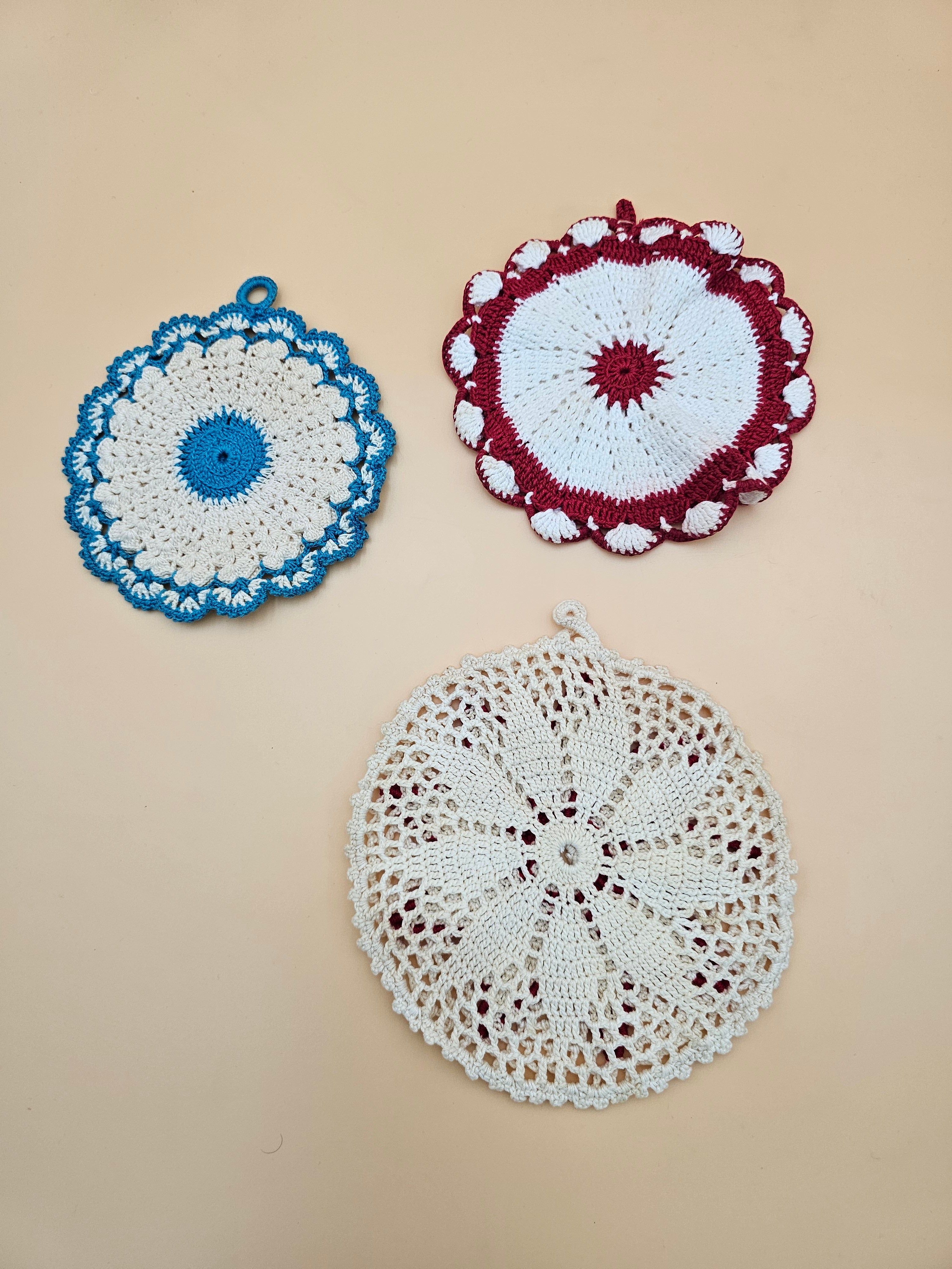 Set of 3 Crocheted Potholders & Hot Pads – Red, Blue and Cream Floral Designs