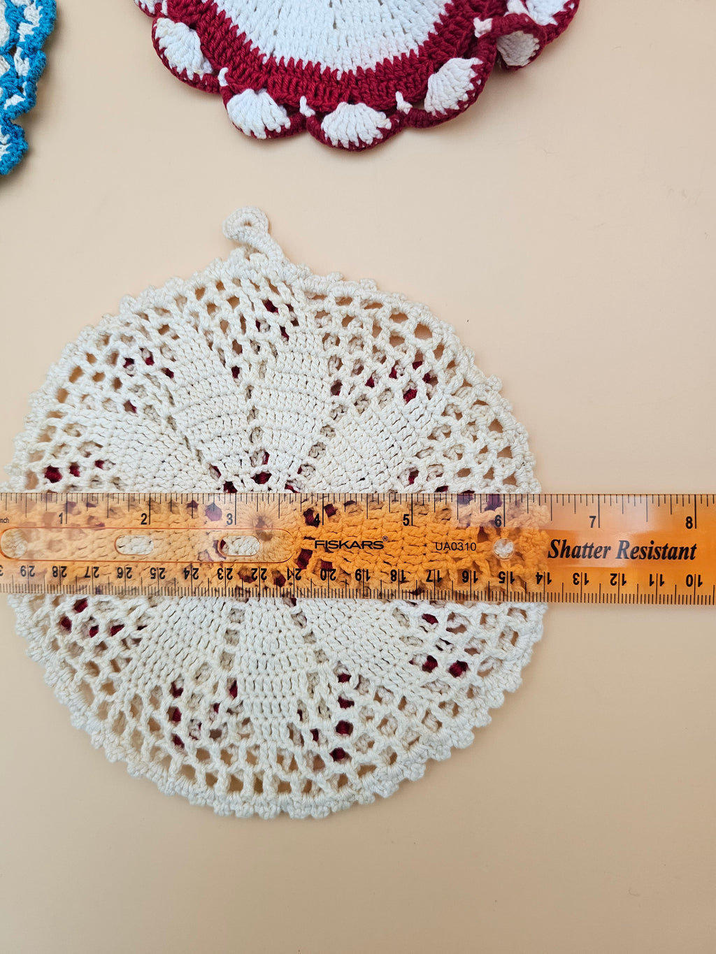 Set of 3 Crocheted Potholders & Hot Pads – Red, Blue and Cream Floral Designs