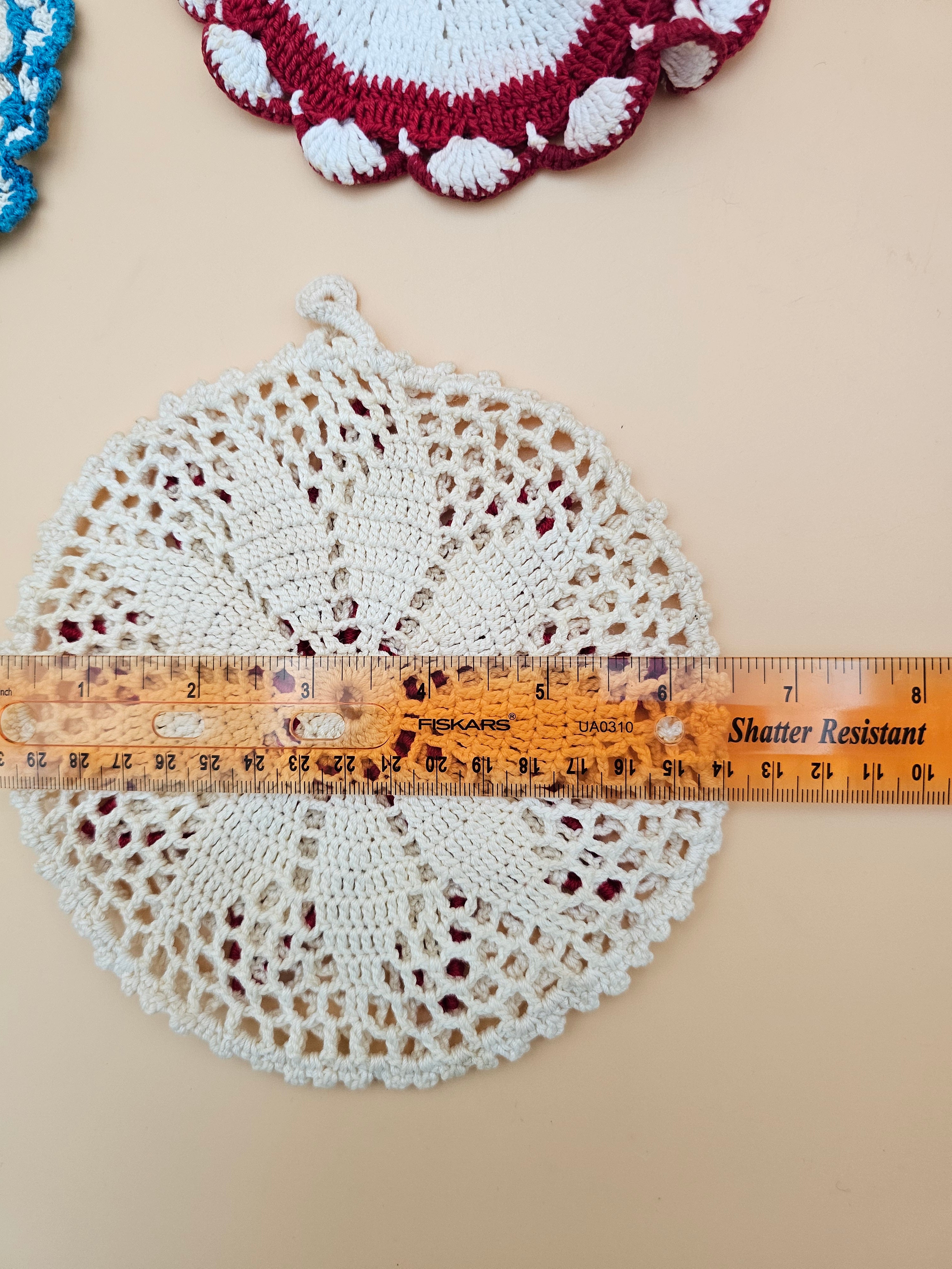 Set of 3 Crocheted Potholders & Hot Pads – Red, Blue and Cream Floral Designs