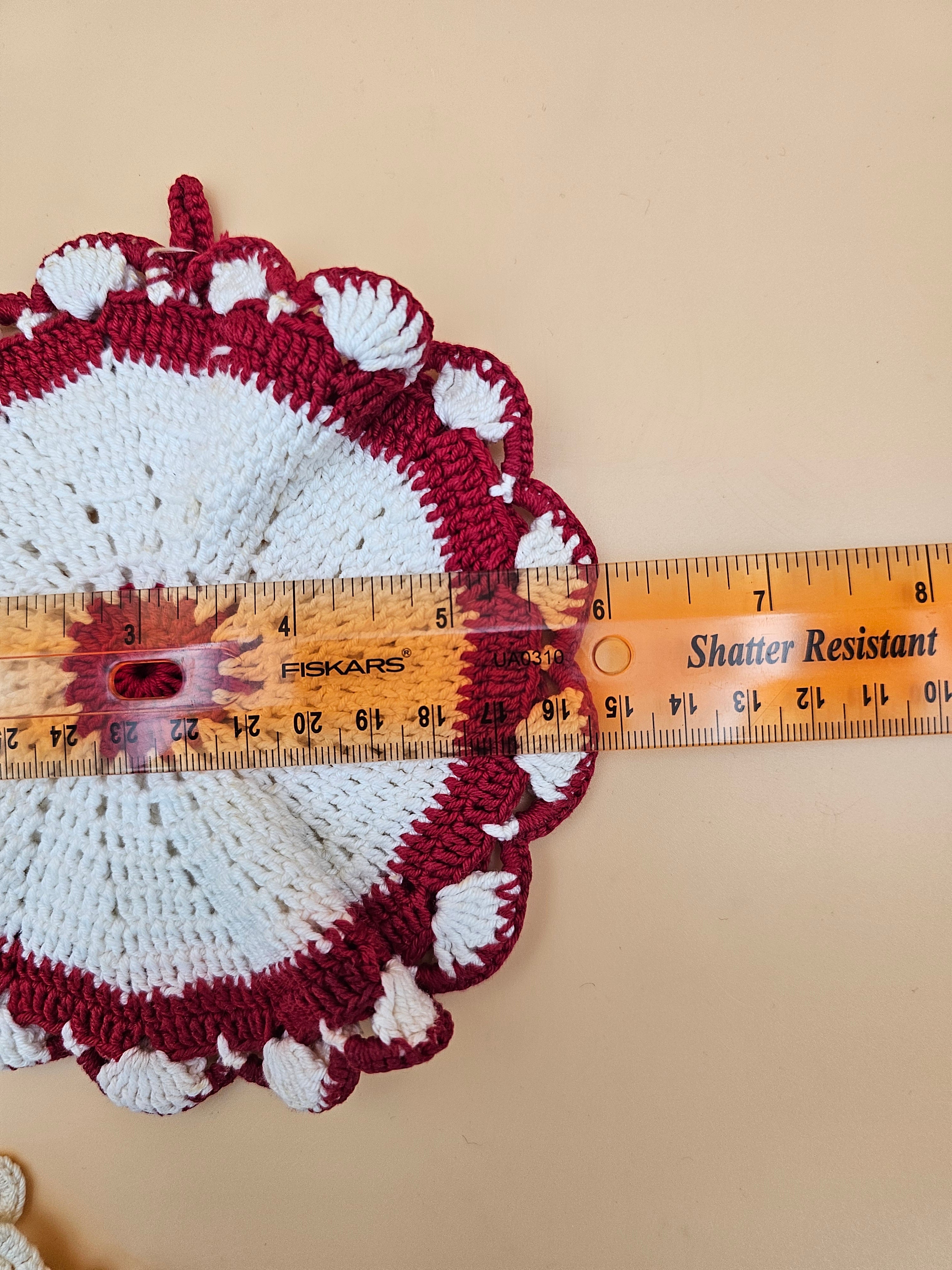 Set of 3 Crocheted Potholders & Hot Pads – Red, Blue and Cream Floral Designs