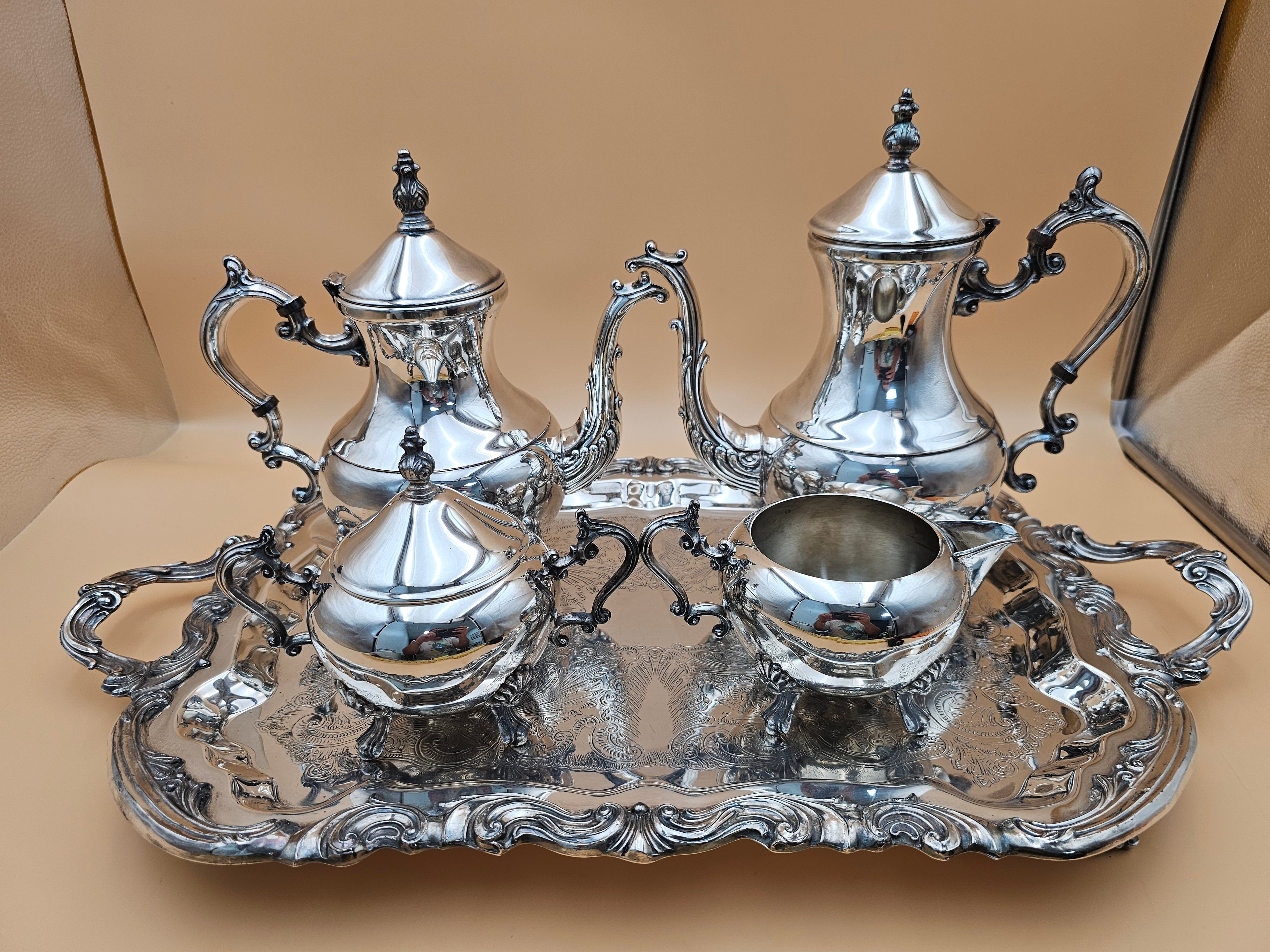 Vintage F.B. Rogers Silverplate 5-Piece Tea & Coffee Service with Ornate Tray