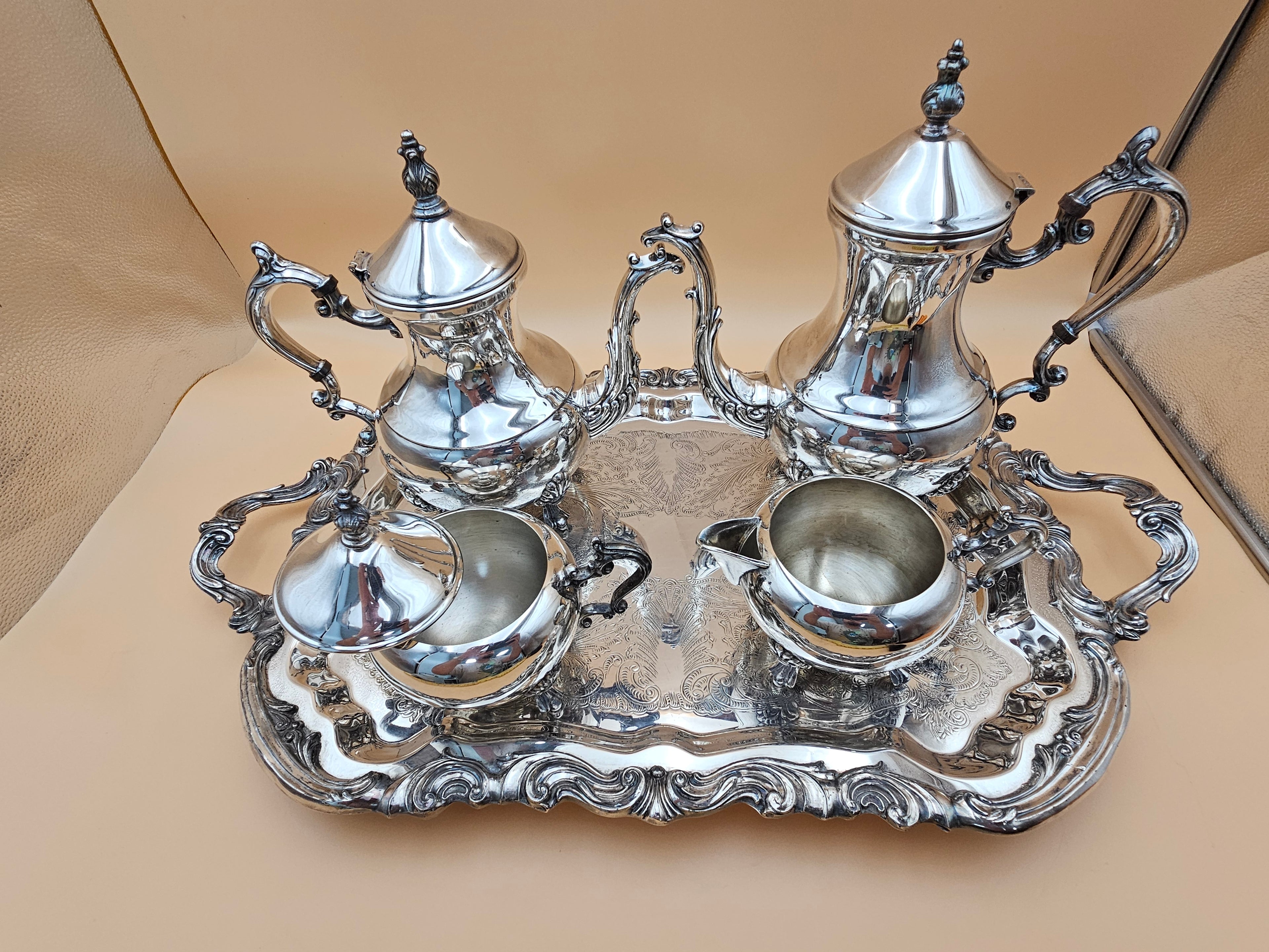 Vintage F.B. Rogers Silverplate 5-Piece Tea & Coffee Service with Ornate Tray
