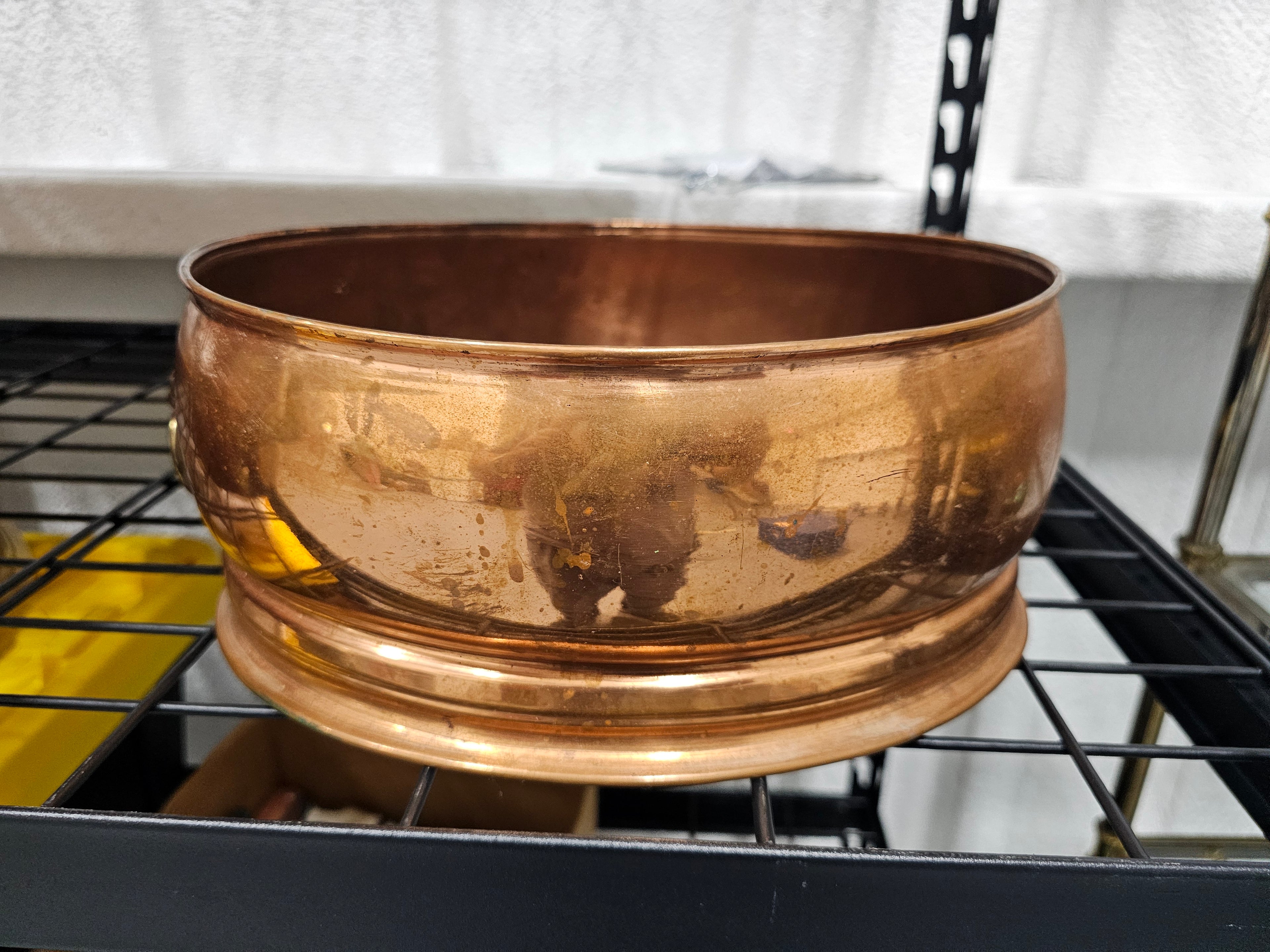 Vintage English Oval Copper Cachepot with Brass Lion Head Ring Handles