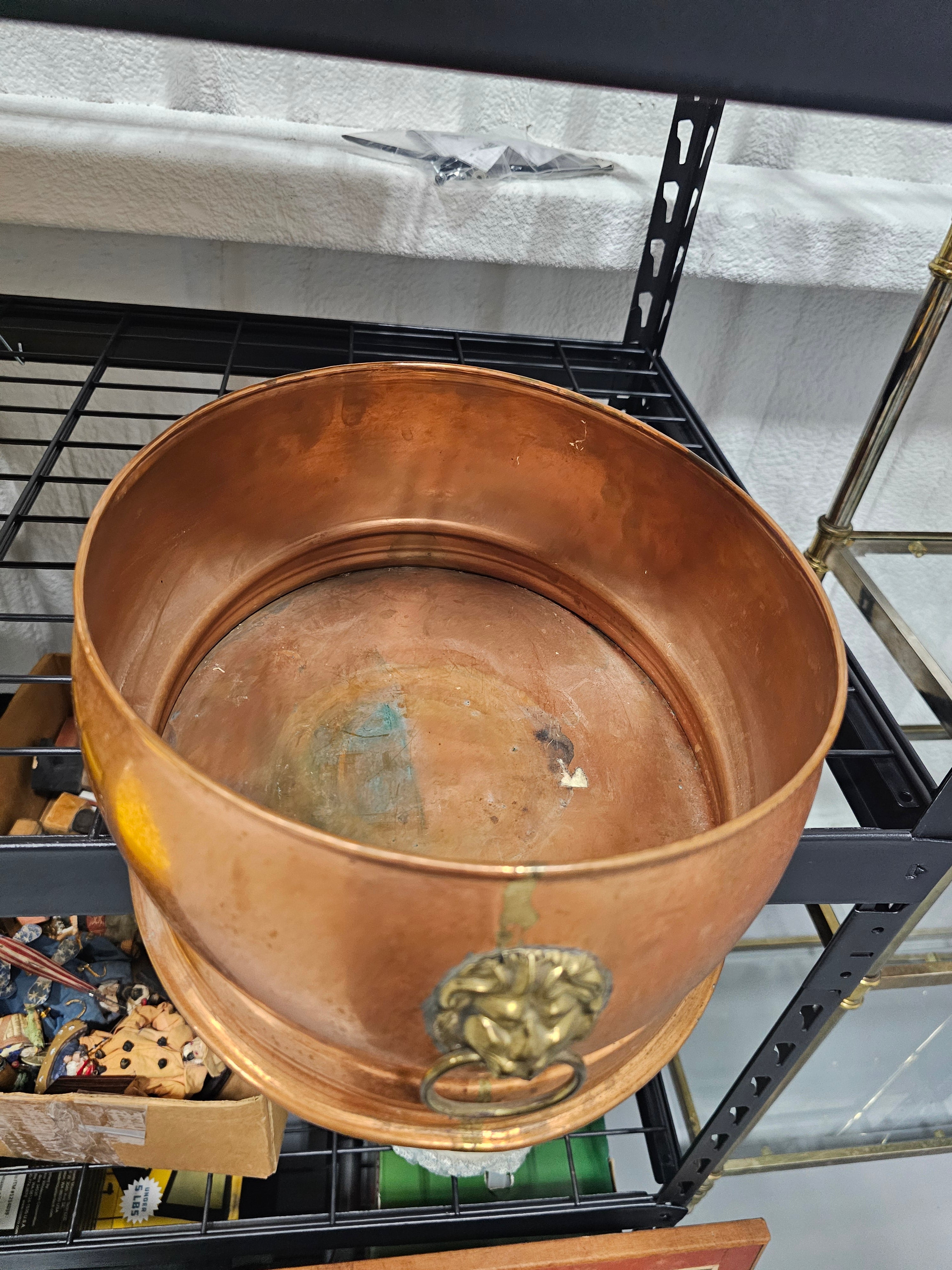 Vintage English Oval Copper Cachepot with Brass Lion Head Ring Handles
