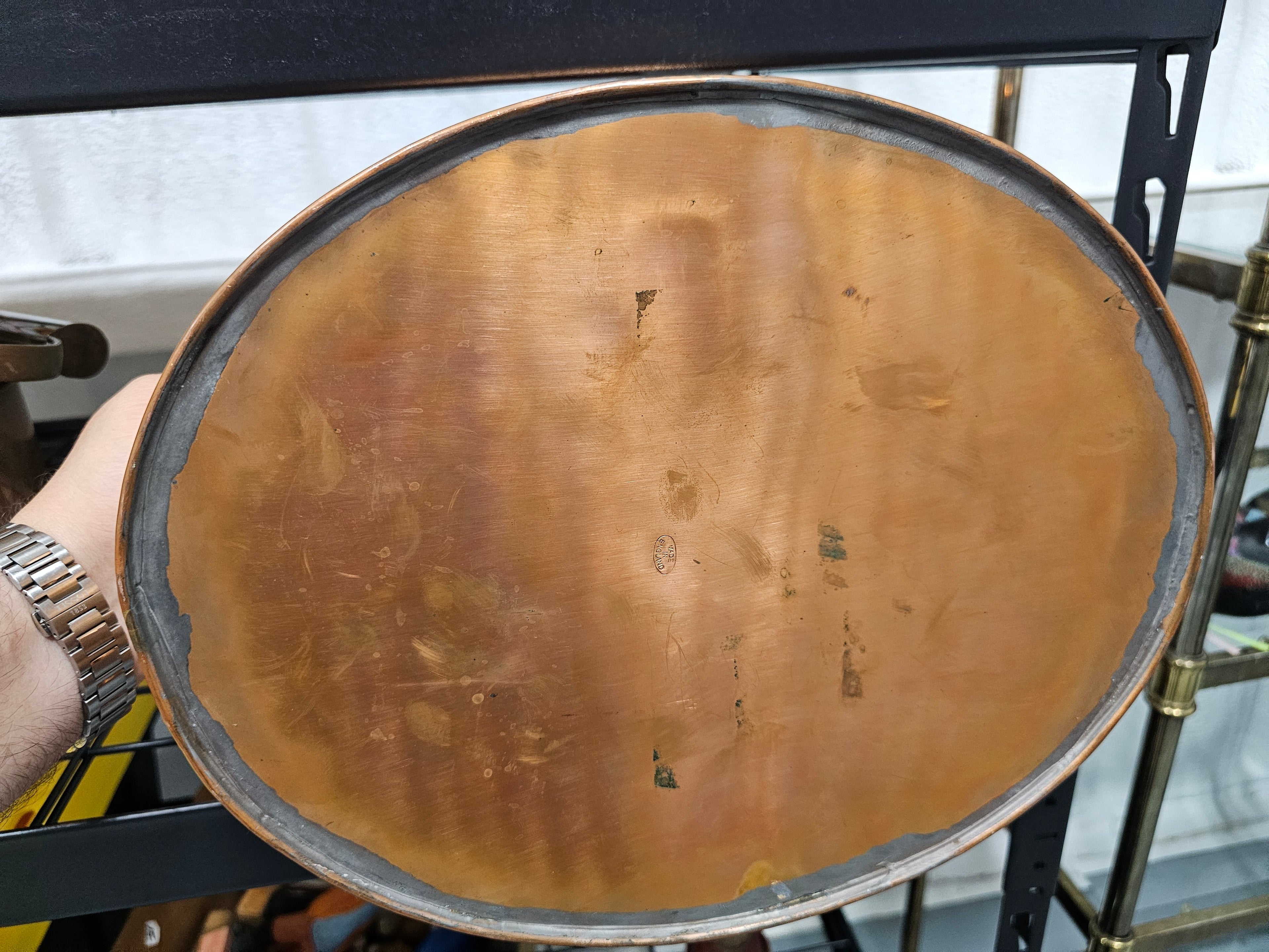 Vintage English Oval Copper Cachepot with Brass Lion Head Ring Handles