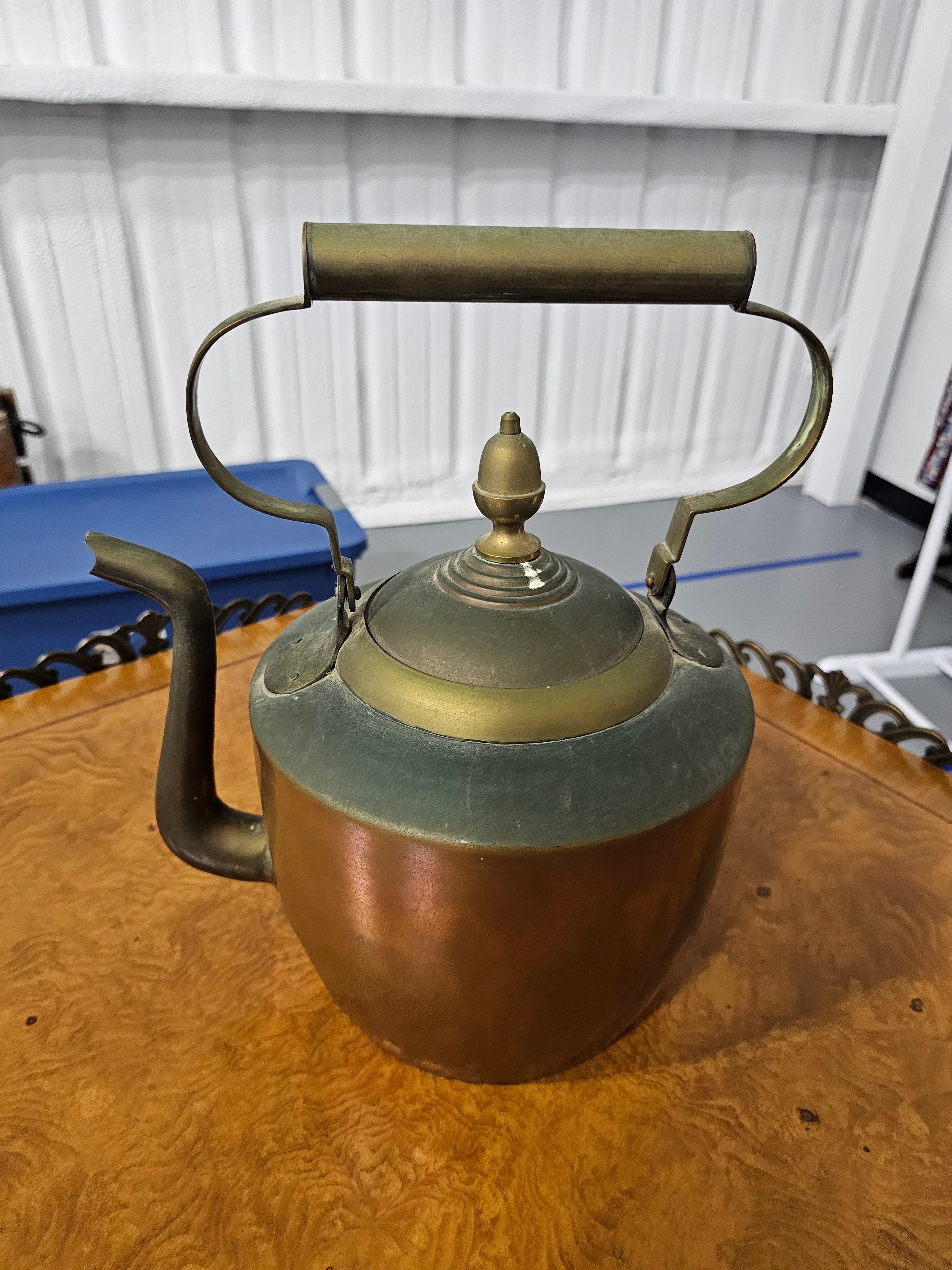 Vintage Copper & Brass Tea Kettle with Acorn Finial – 8"
