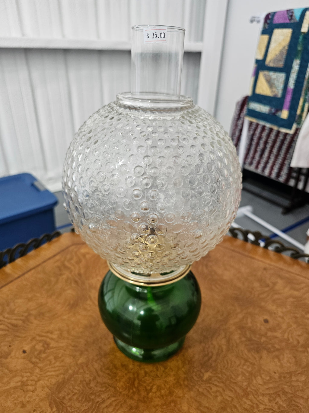 Vintage J-2088 Green Glass Oil Lamp with P&A Eagle Burner & Hobnail Shade (1 of 2)