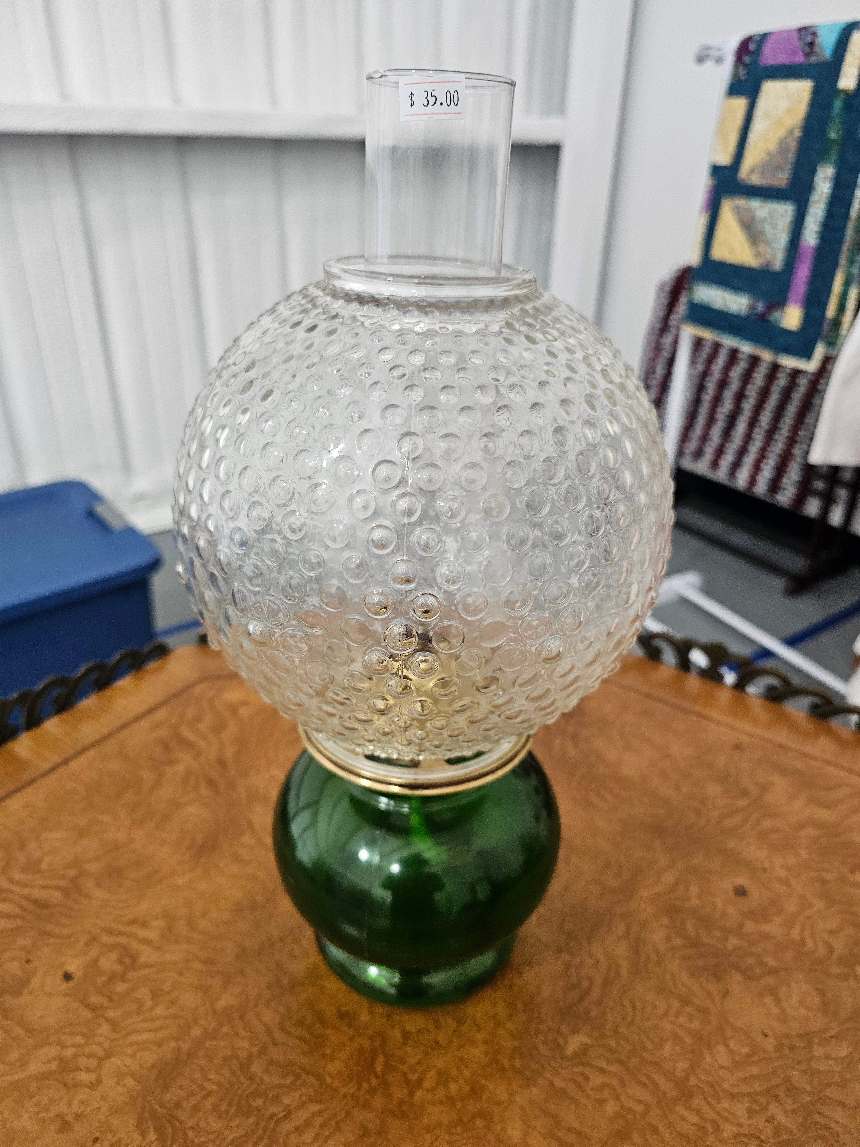 Vintage J-2088 Green Glass Oil Lamp with P&A Eagle Burner & Hobnail Shade (1 of 2)