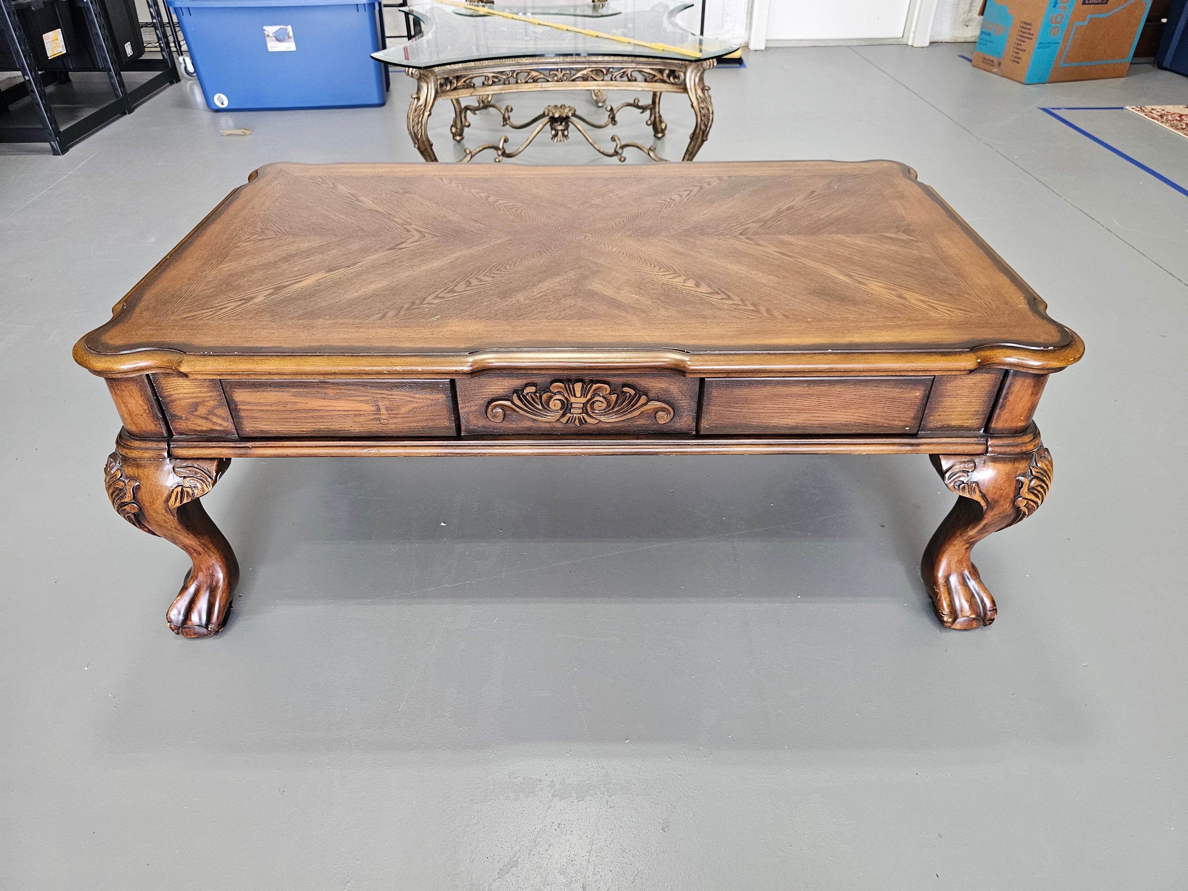 Traditional Carved Wood Coffee Table with Two Drawers & Claw Feet – 52"